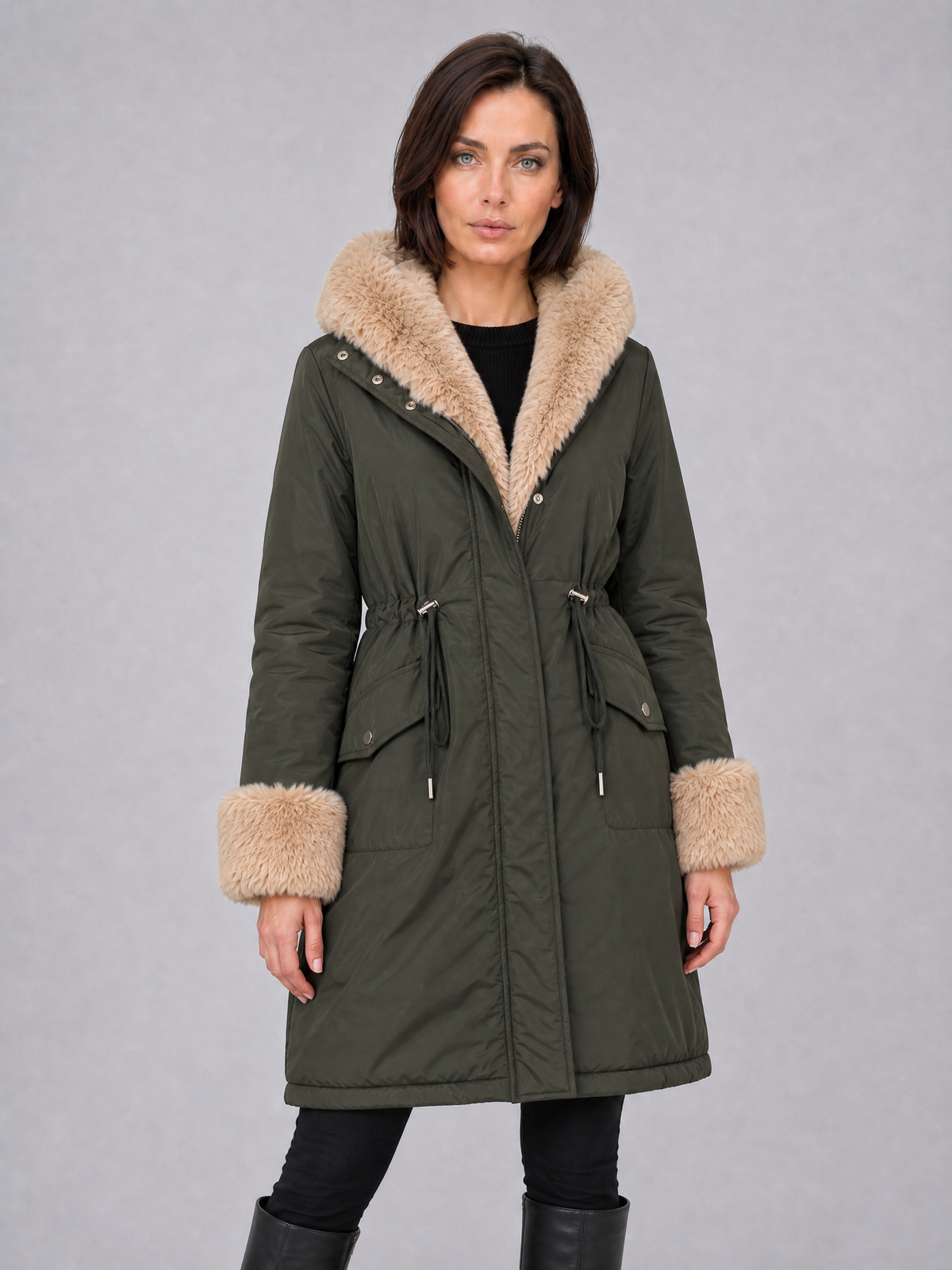 Women's Faux Fur Trim Black Drawstring Parka Coat Tailored Fit