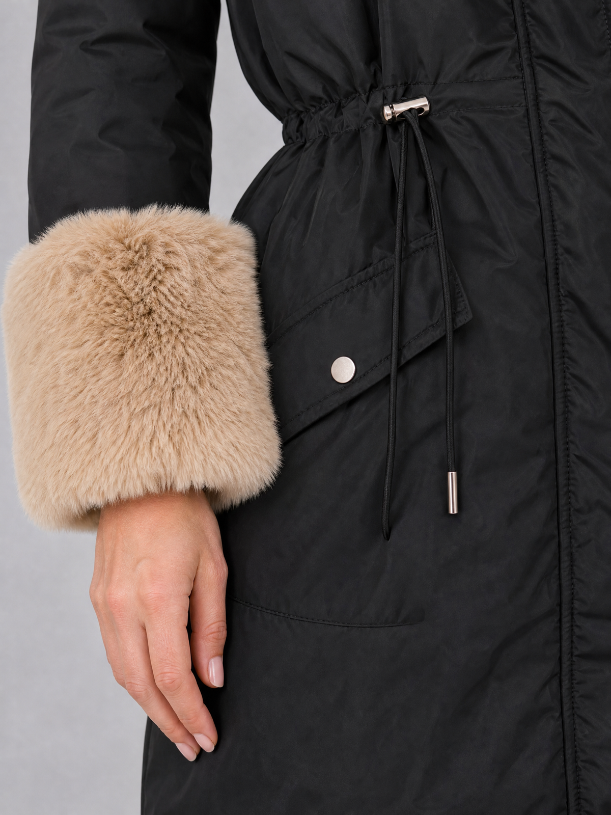 Women's Faux Fur Trim Black Drawstring Parka Coat Tailored Fit