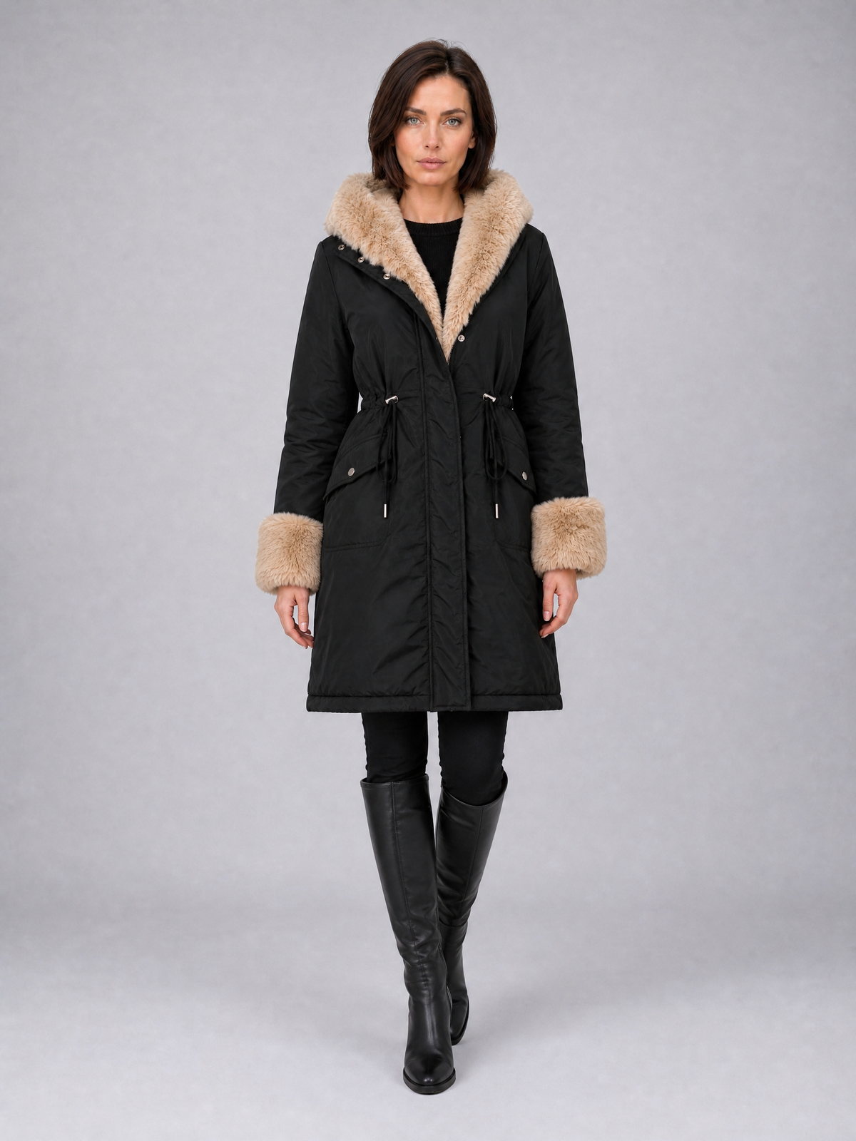 Women's Faux Fur Trim Black Drawstring Parka Coat Tailored Fit