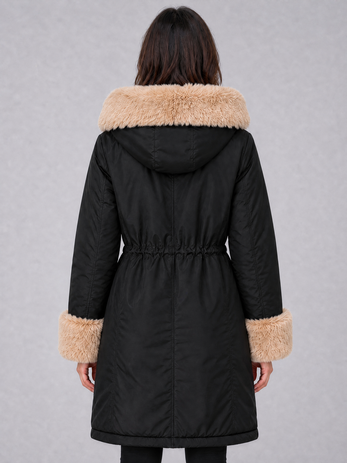 Women's Faux Fur Trim Black Drawstring Parka Coat Tailored Fit