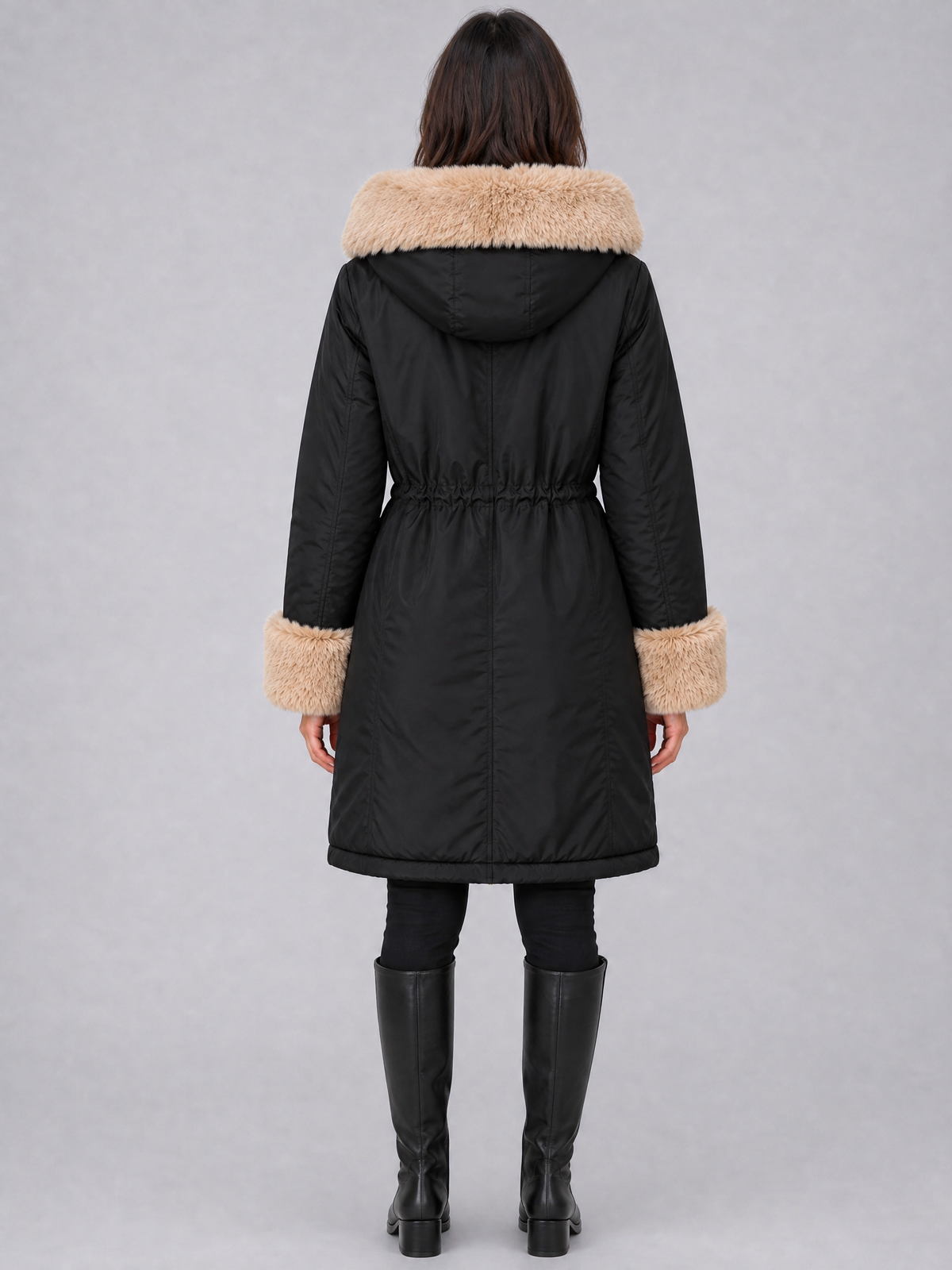 Women's Faux Fur Trim Black Drawstring Parka Coat Tailored Fit