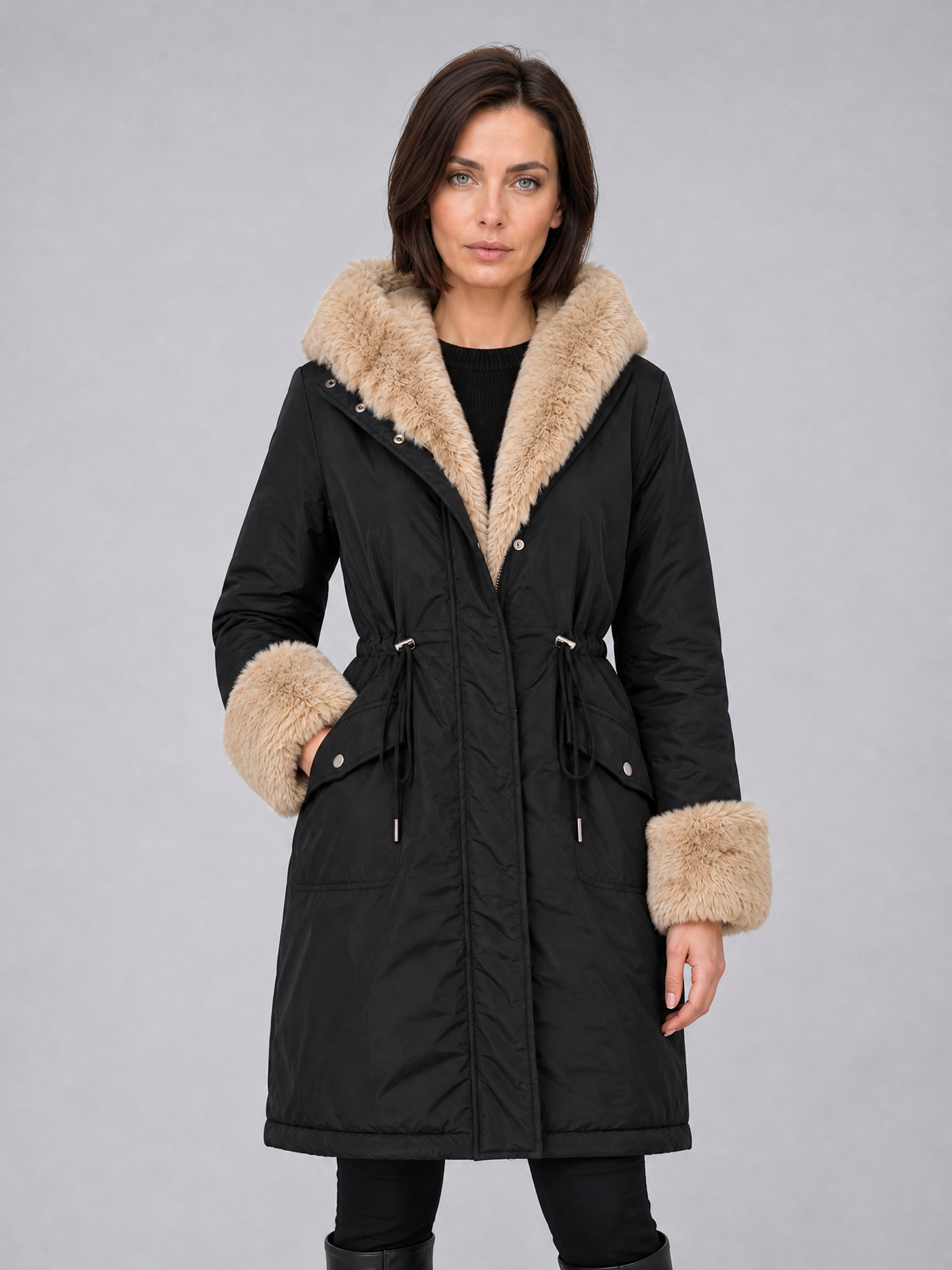 Women's Faux Fur Trim Black Drawstring Parka Coat Tailored Fit