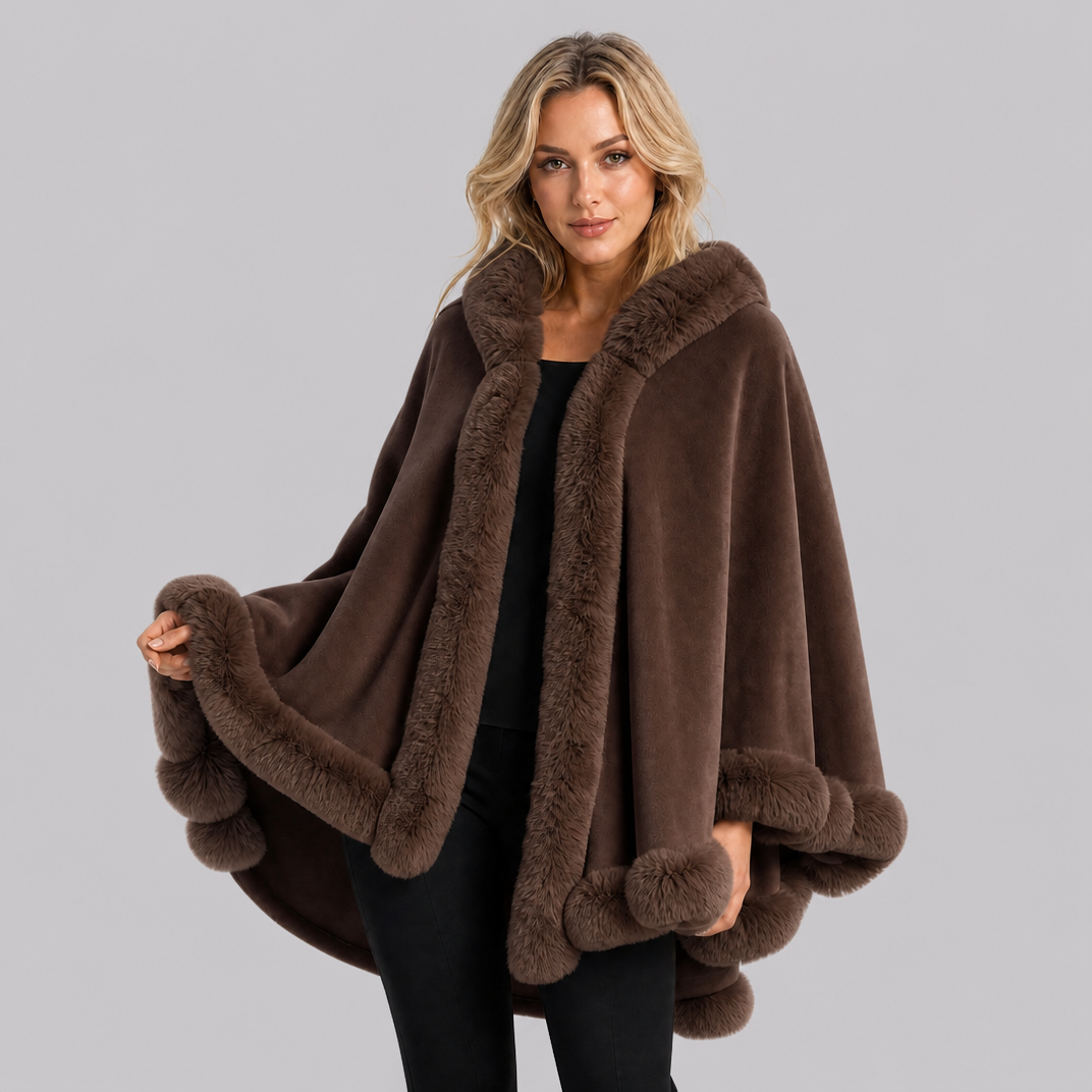 Women's Faux Fur Trim Hooded Cape Relaxed Fit