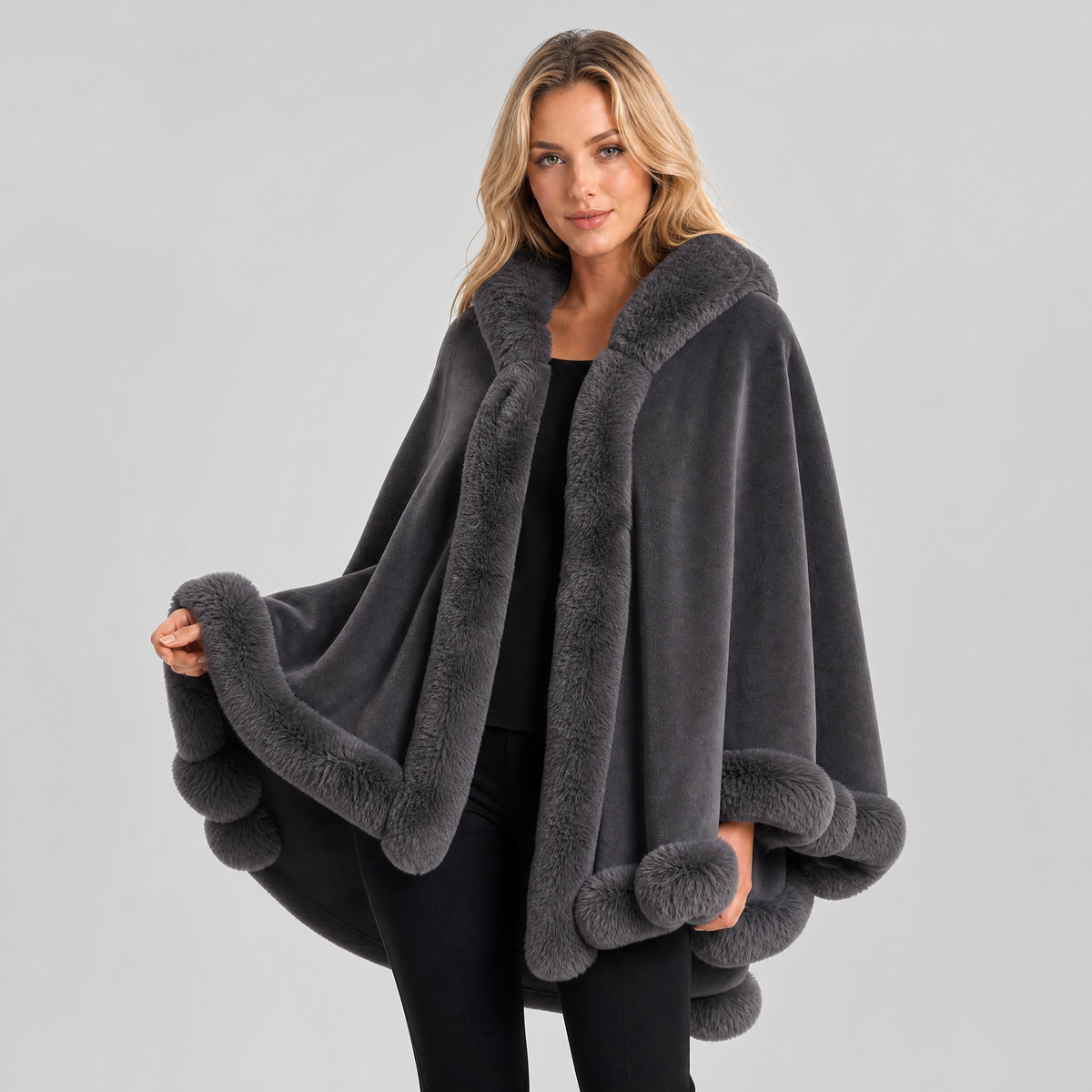 Women's Faux Fur Trim Hooded Cape Relaxed Fit