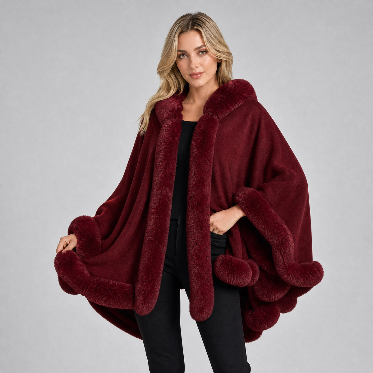 Women's Faux Fur Trim Hooded Cape Relaxed Fit