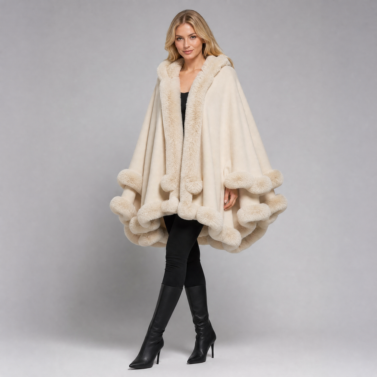 Women's Faux Fur Trim Hooded Cape Relaxed Fit