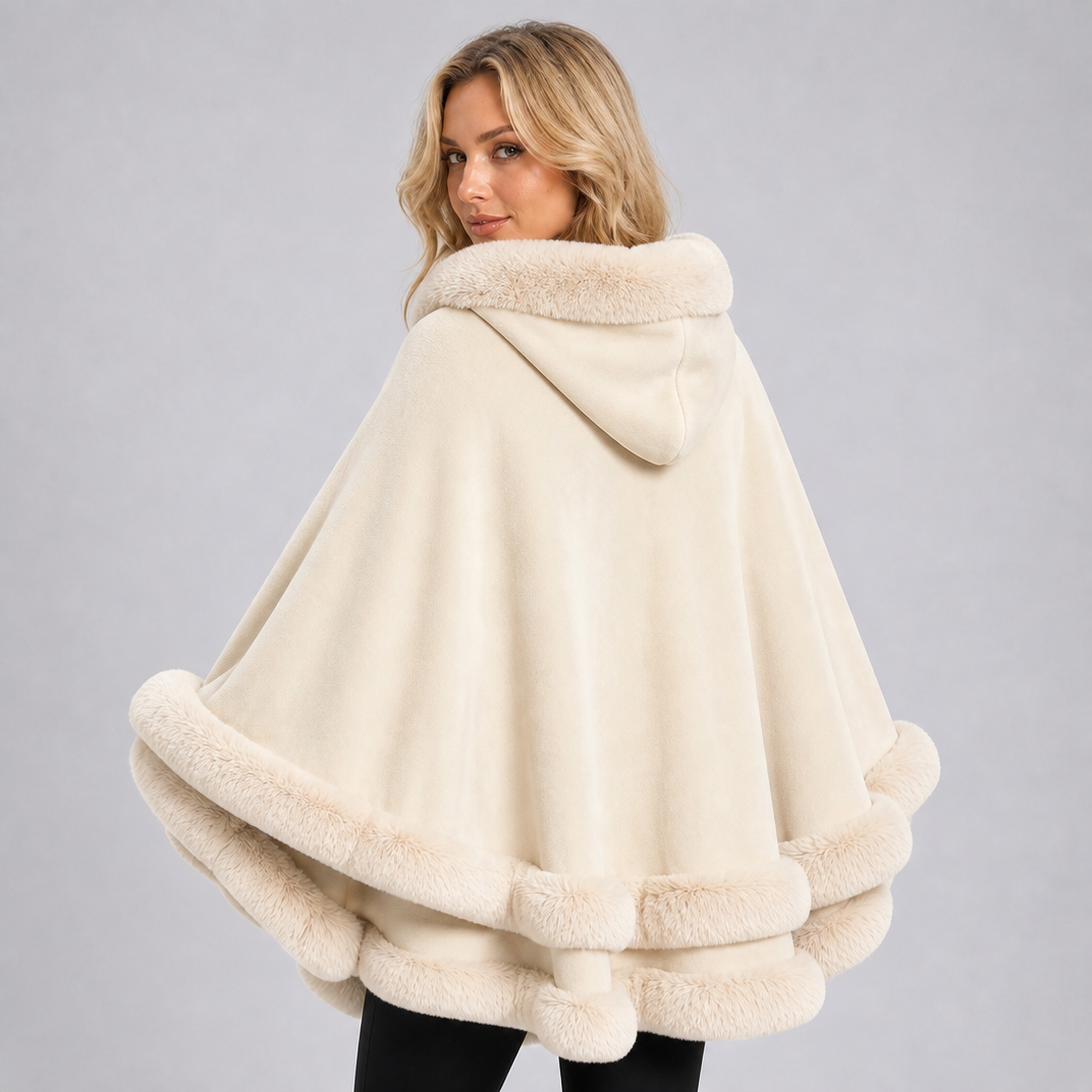 Women's Faux Fur Trim Hooded Cape Relaxed Fit