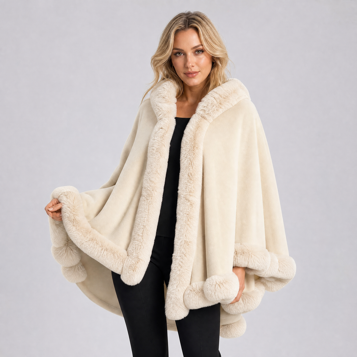 Women's Faux Fur Trim Hooded Cape Relaxed Fit