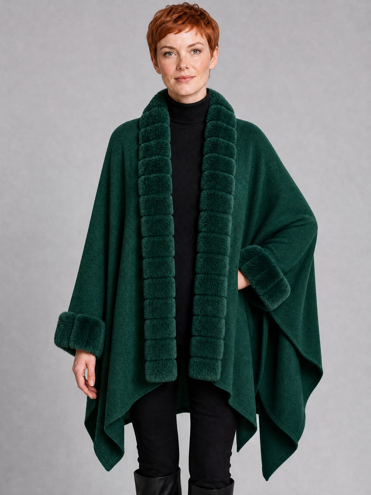 Women's Faux Fur Trim Knit Open Front Cape