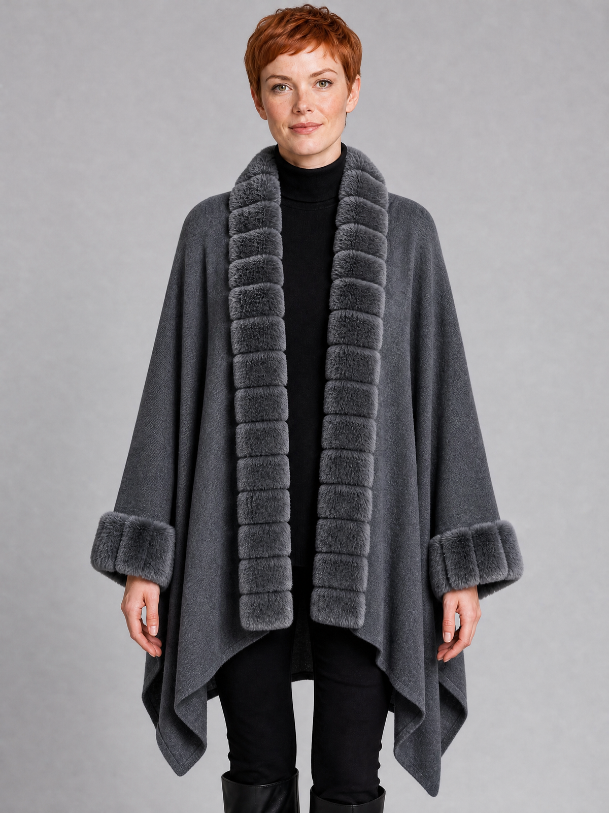 Women's Faux Fur Trim Knit Open Front Cape