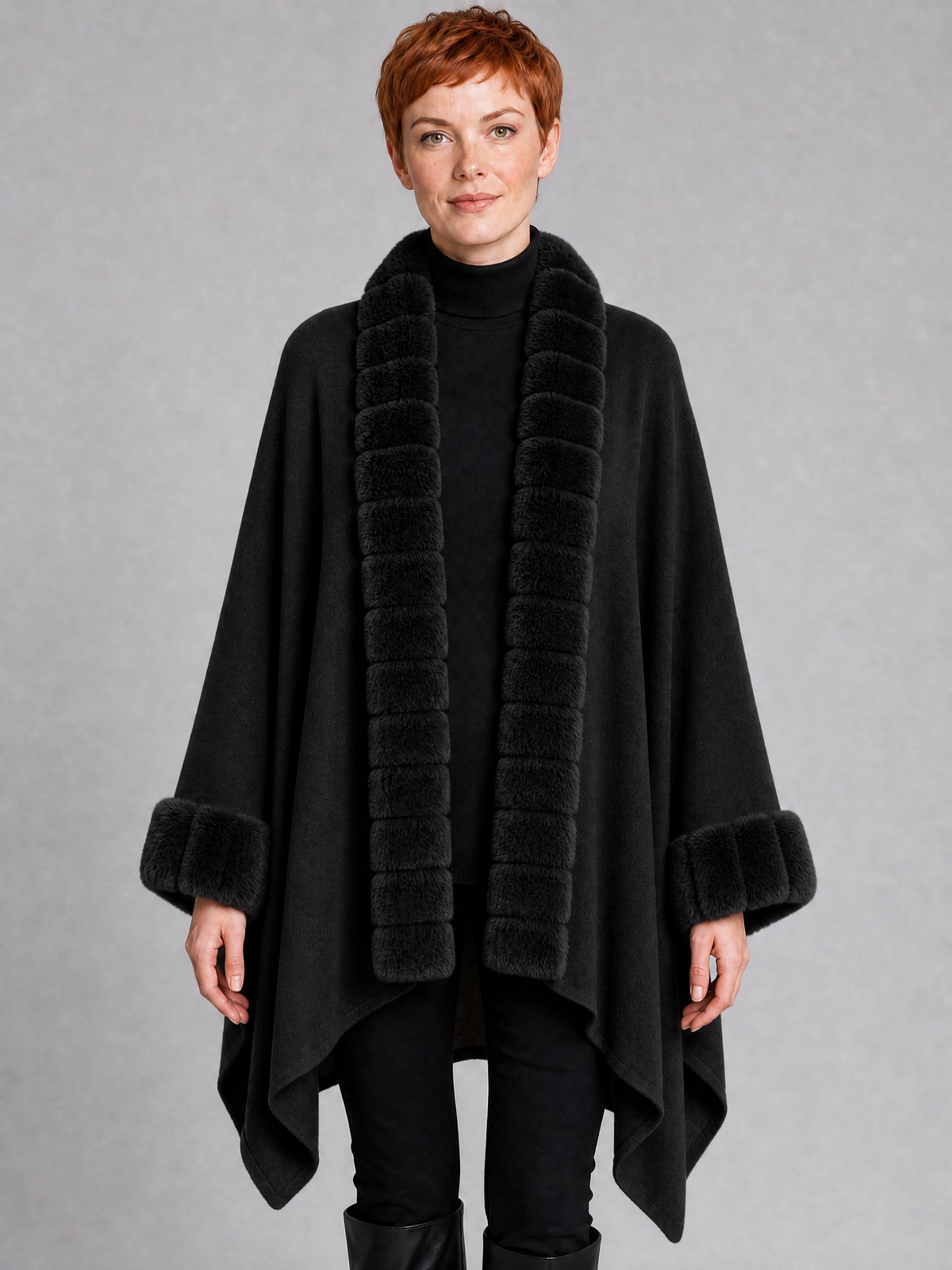 Women's Faux Fur Trim Knit Open Front Cape