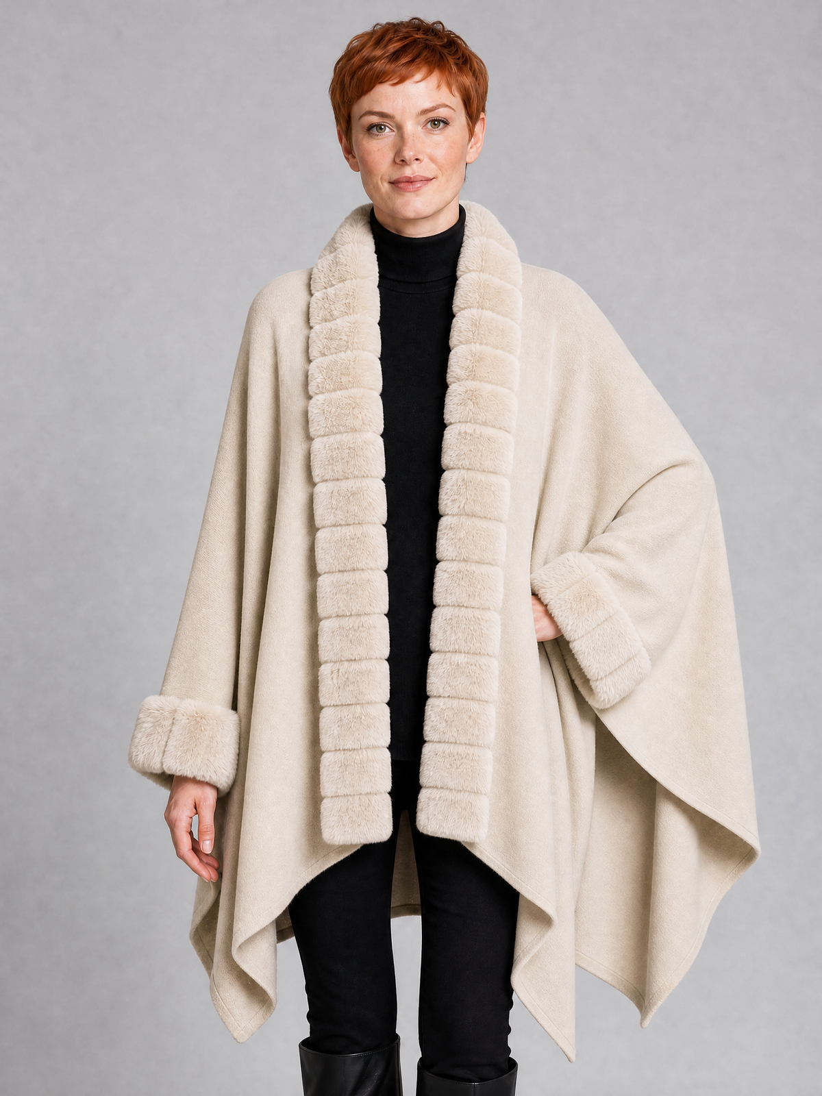Women's Faux Fur Trim Knit Open Front Cape