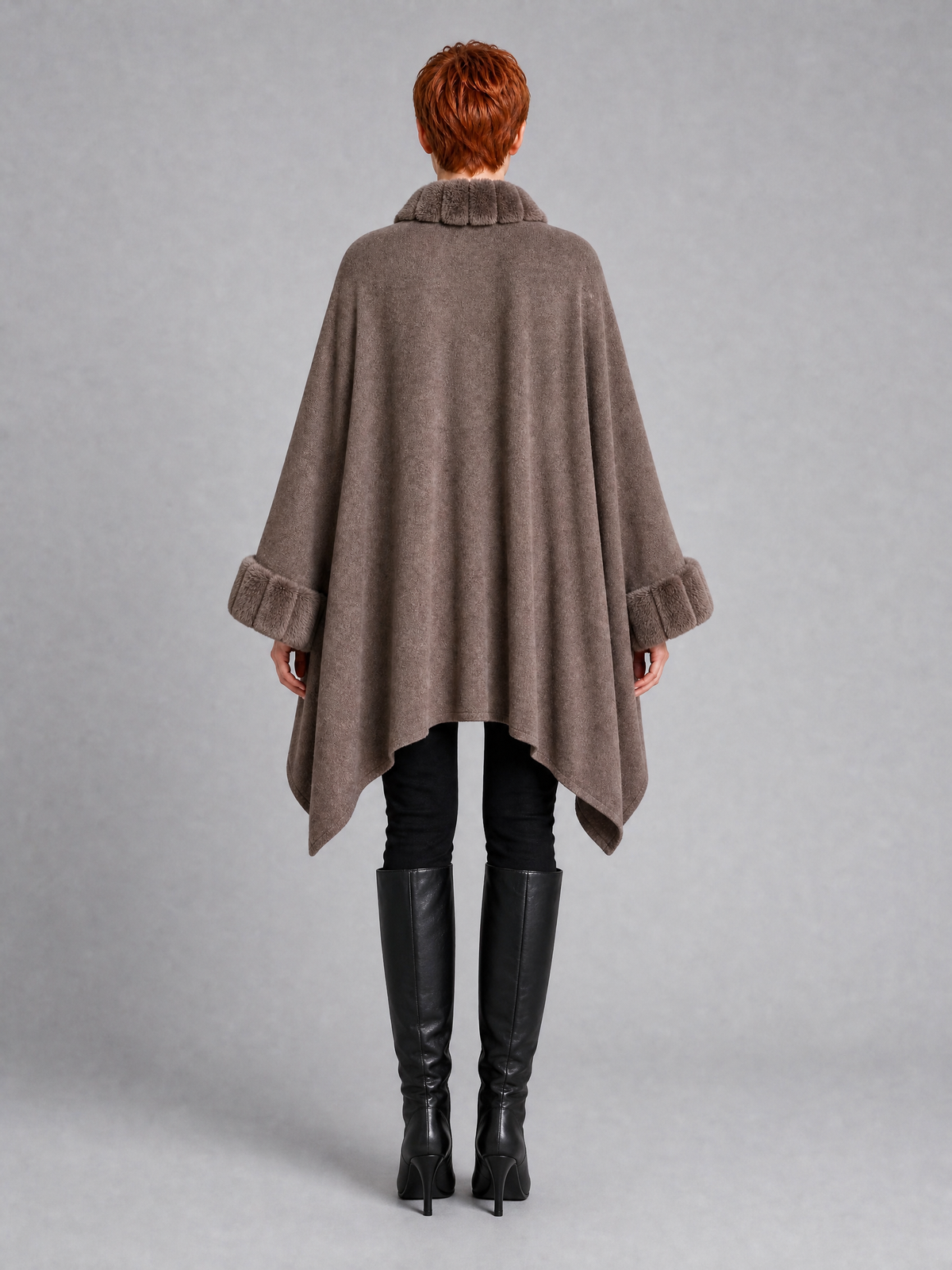 Women's Faux Fur Trim Knit Open Front Cape