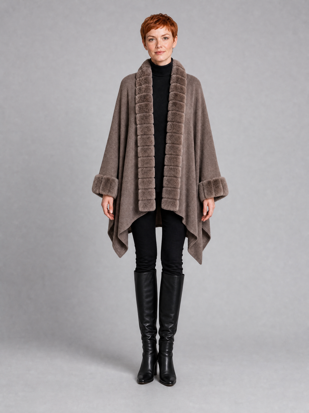 Women's Faux Fur Trim Knit Open Front Cape
