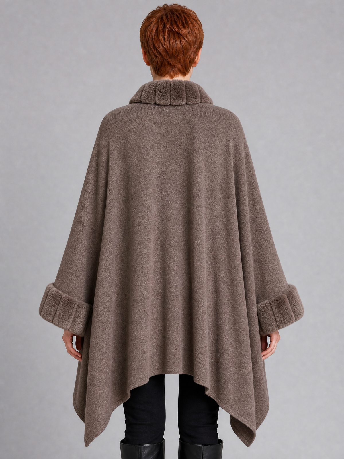Women's Faux Fur Trim Knit Open Front Cape