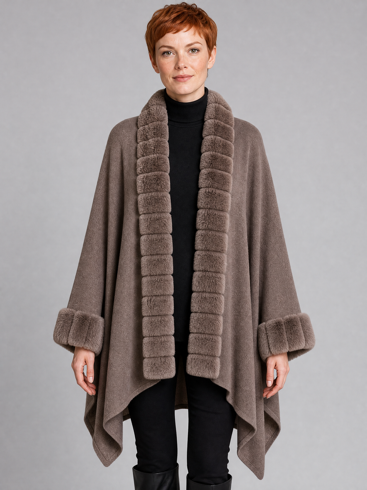 Women's Faux Fur Trim Knit Open Front Cape