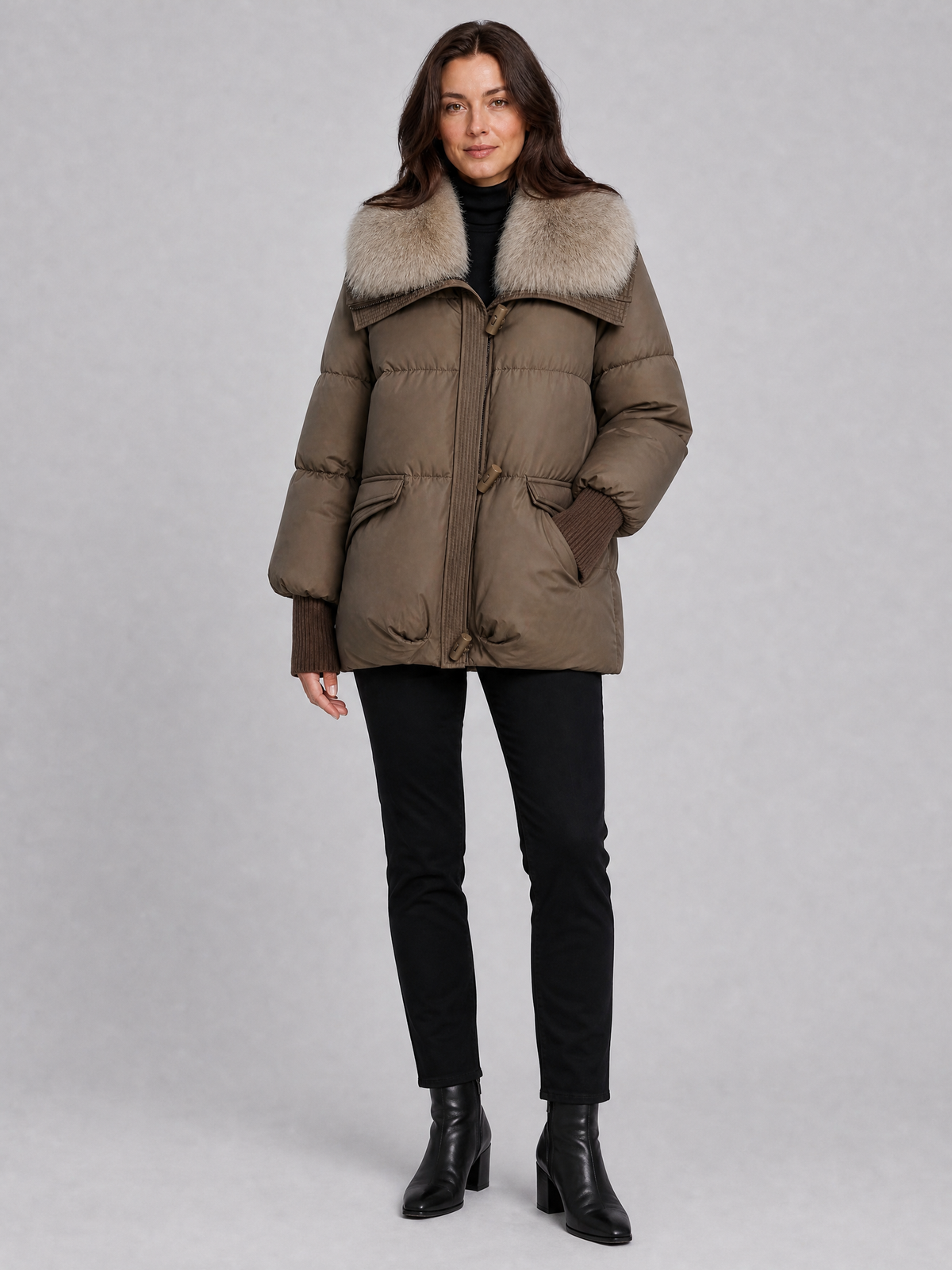 Women's Faux Fur Trim Olive Quilted Padded Jacket Relaxed Fit