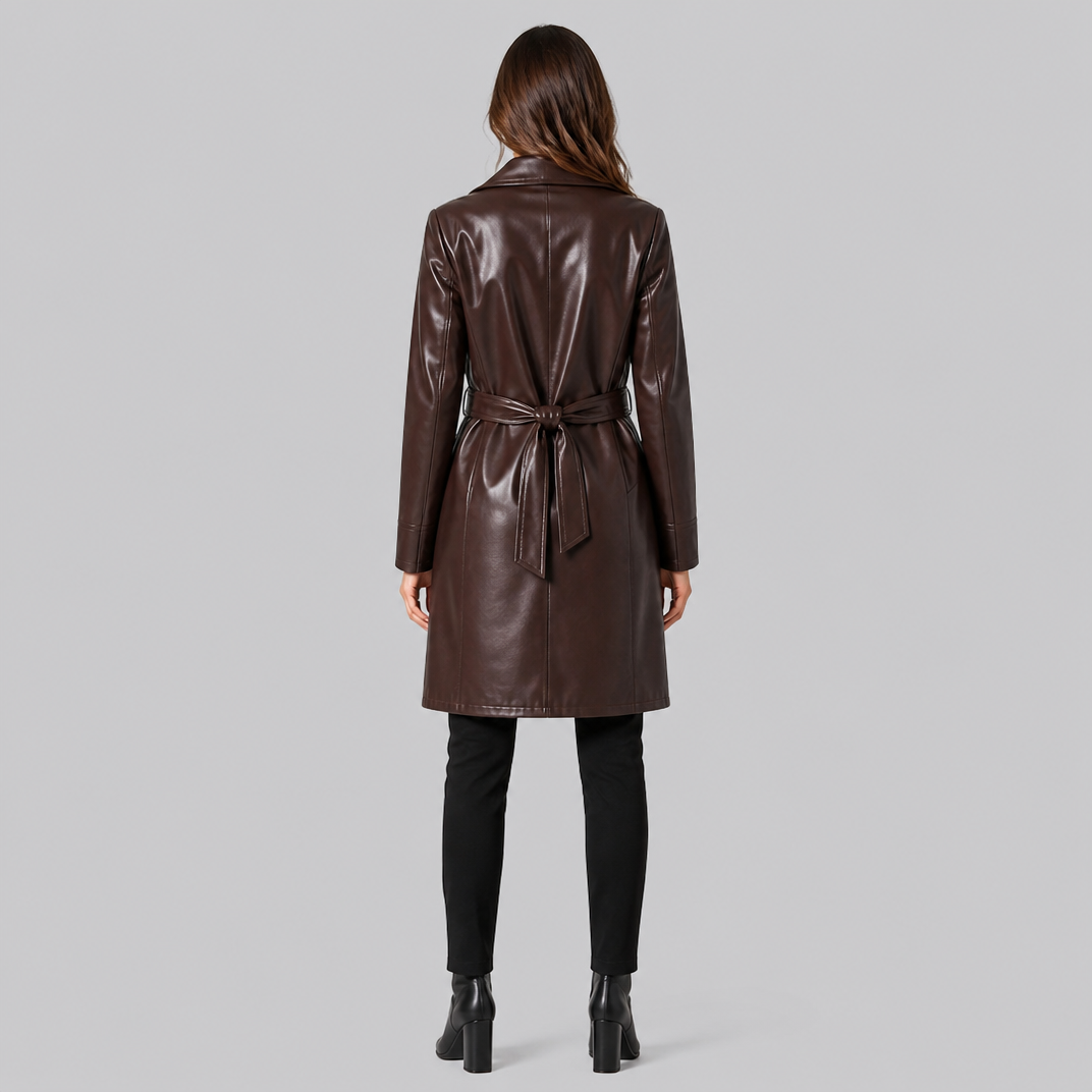 Women's Faux Leather Belted Wrap Coat Tailored Fit