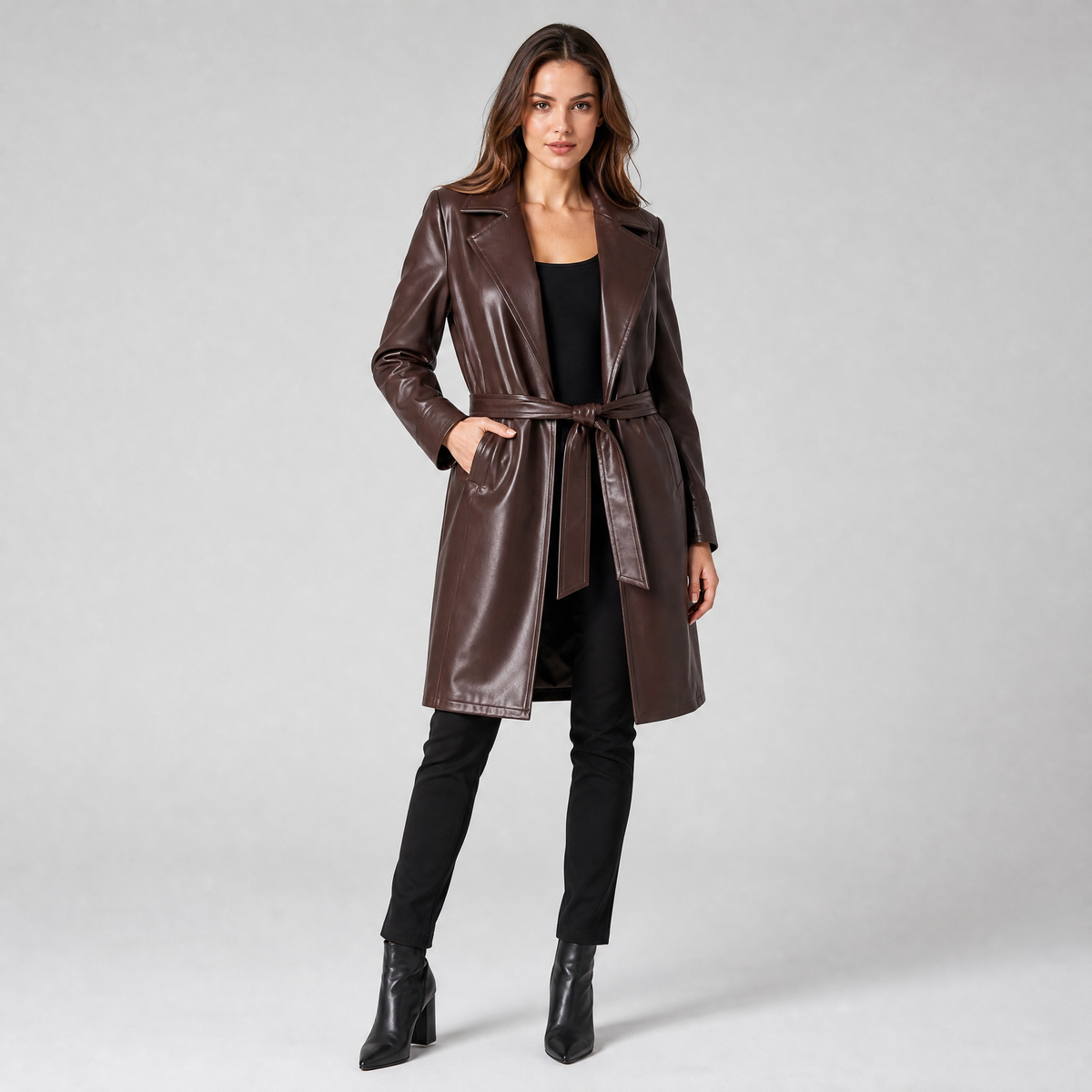 Women's Faux Leather Belted Wrap Coat Tailored Fit