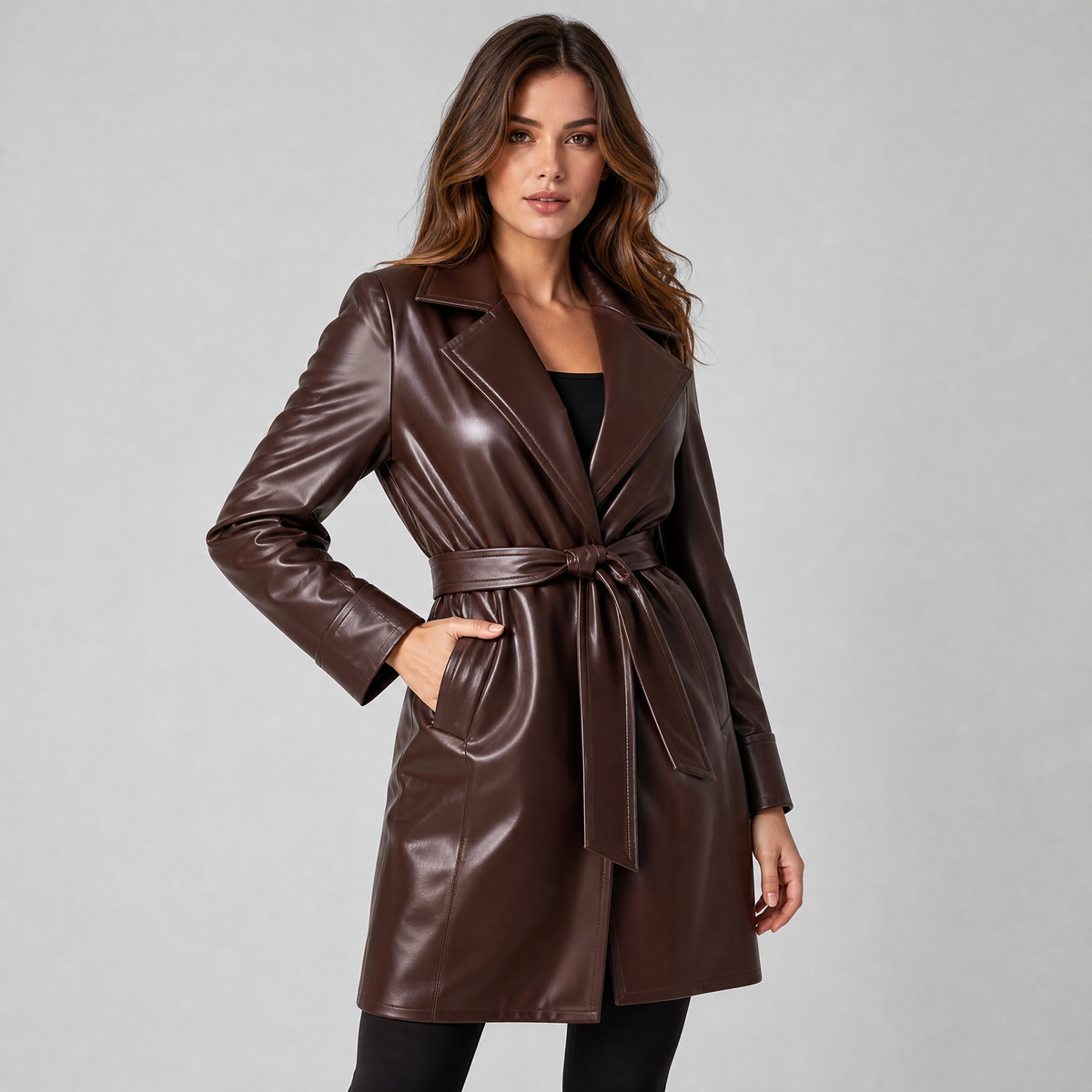 Women's Faux Leather Belted Wrap Coat Tailored Fit