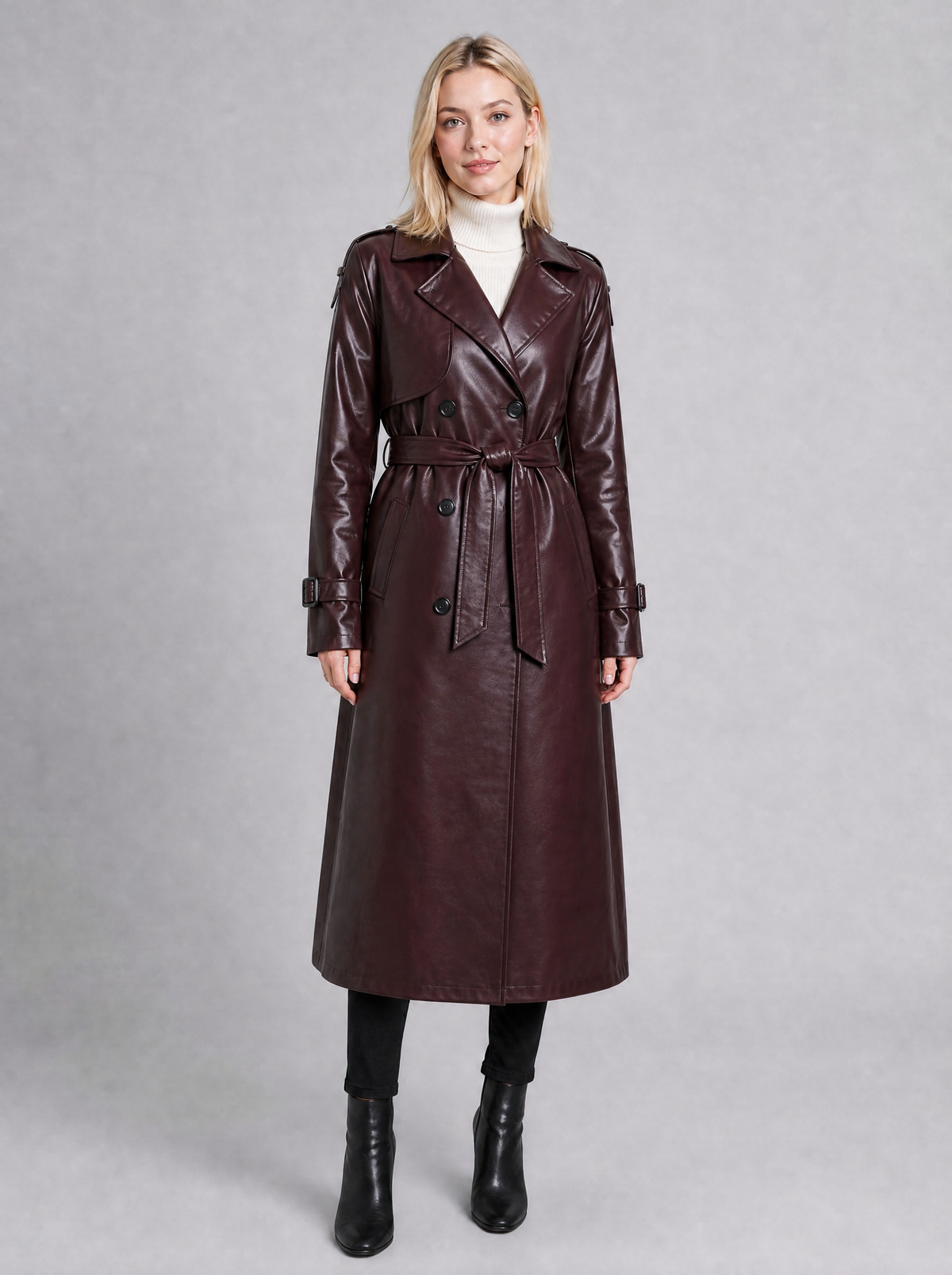 Women's Faux Leather Faux Shearling Lined Longline Trench Coat Tailored Fit - product view 1
