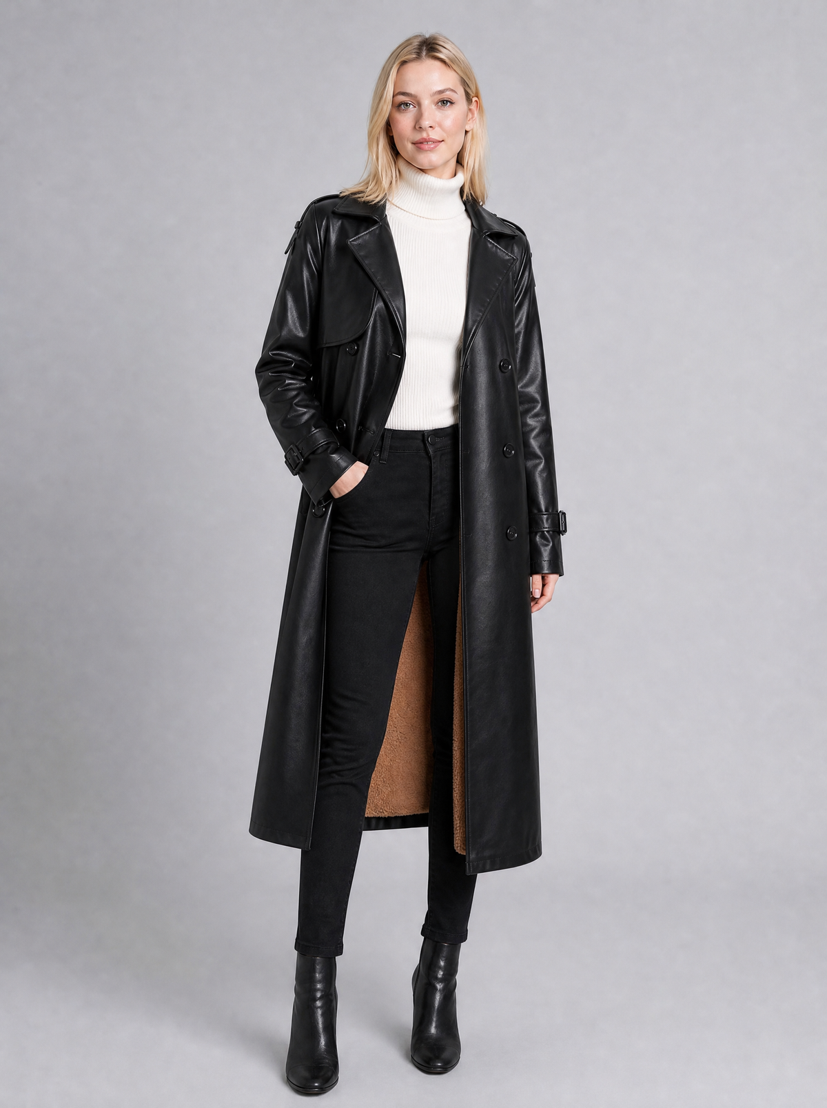 Women's Faux Leather Faux Shearling Lined Longline Trench Coat Tailored Fit - product view 4