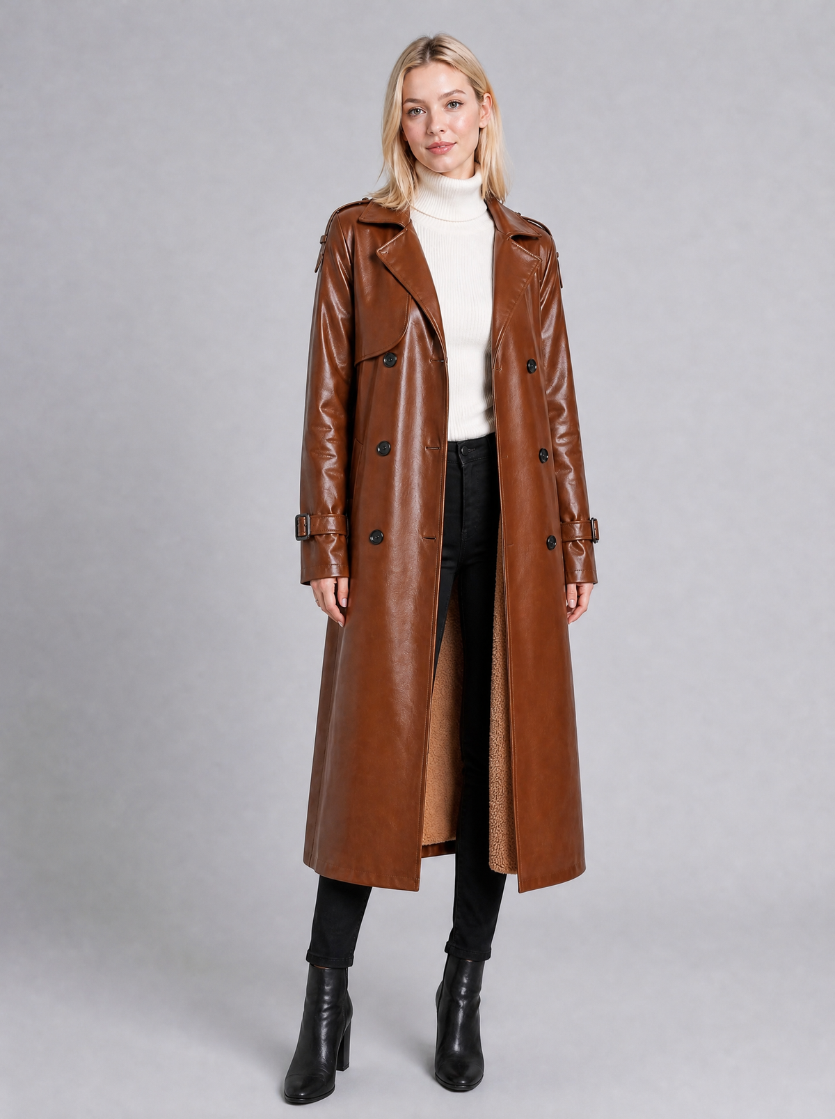 Women's Faux Leather Faux Shearling Lined Longline Trench Coat Tailored Fit - product view 6