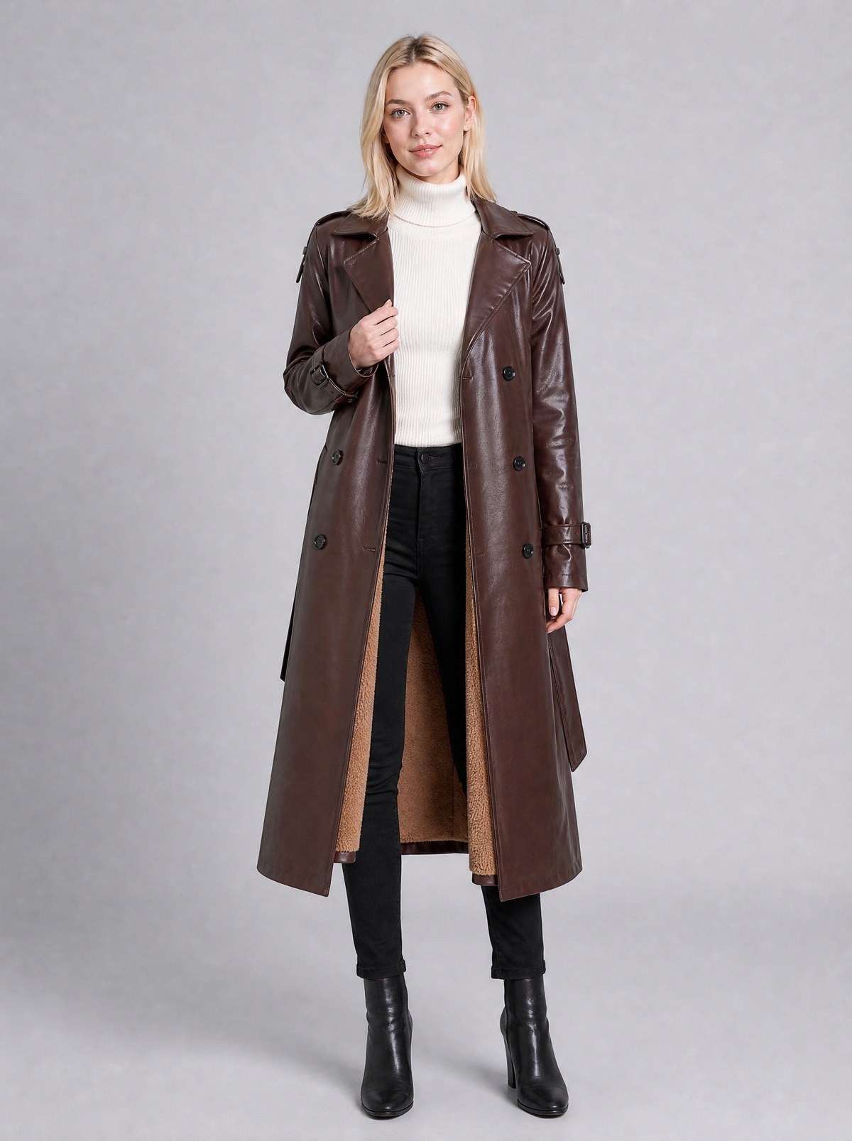 Women's Faux Leather Faux Shearling Lined Longline Trench Coat Tailored Fit - product view 5