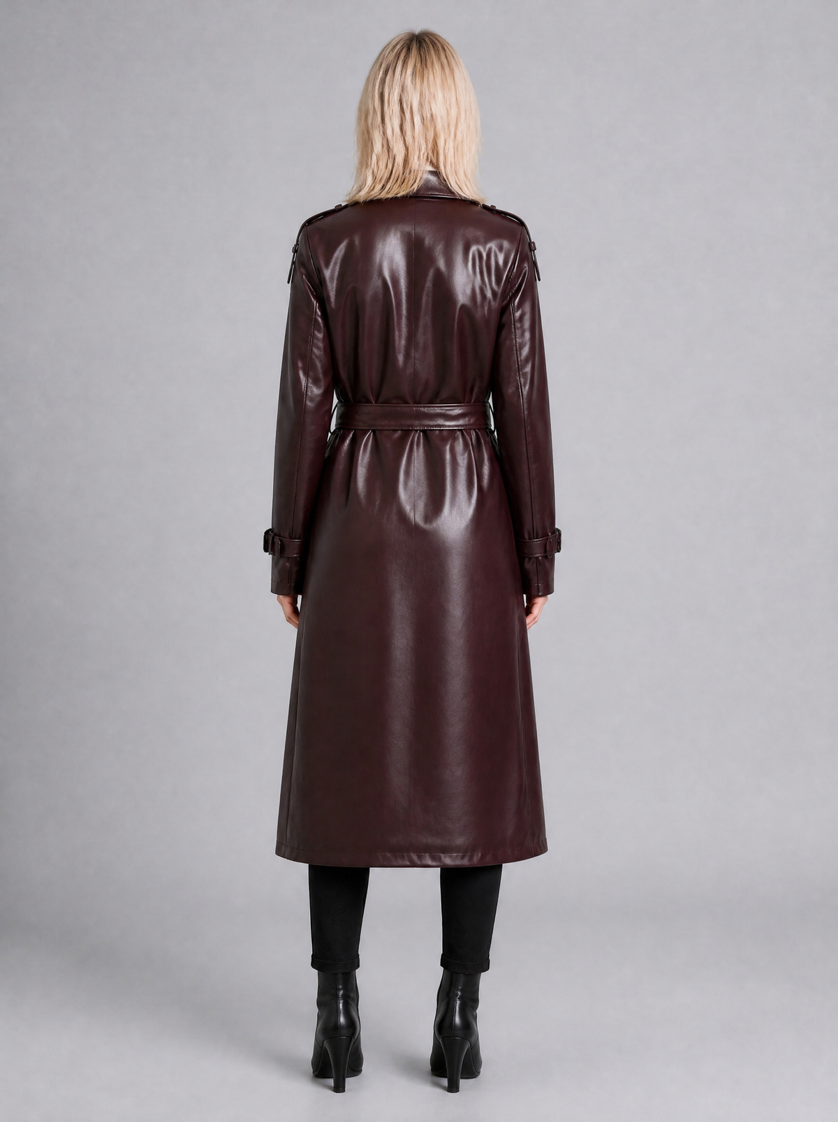 Women's Faux Leather Faux Shearling Lined Longline Trench Coat Tailored Fit - product view 3
