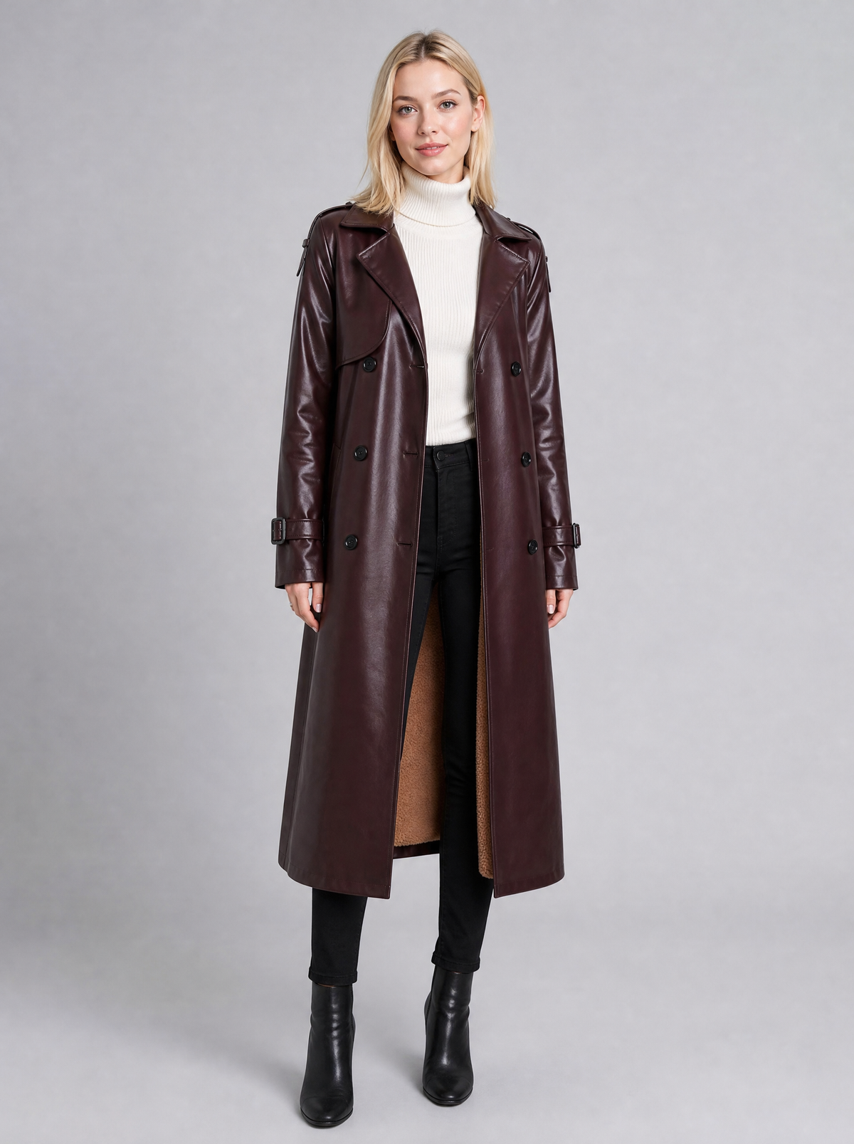 Women's Faux Leather Faux Shearling Lined Longline Trench Coat Tailored Fit - product view 2