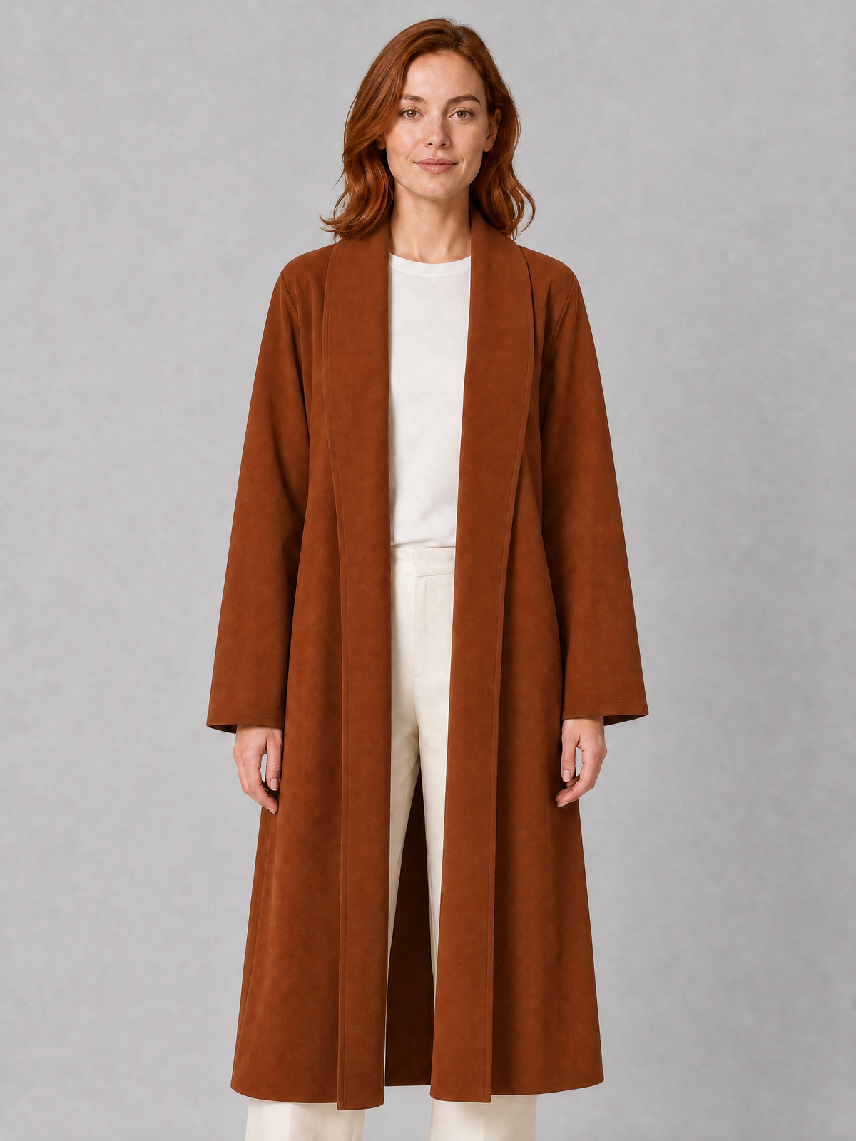 Women's Faux Suede Open Front Longline Coat Tailored Fit