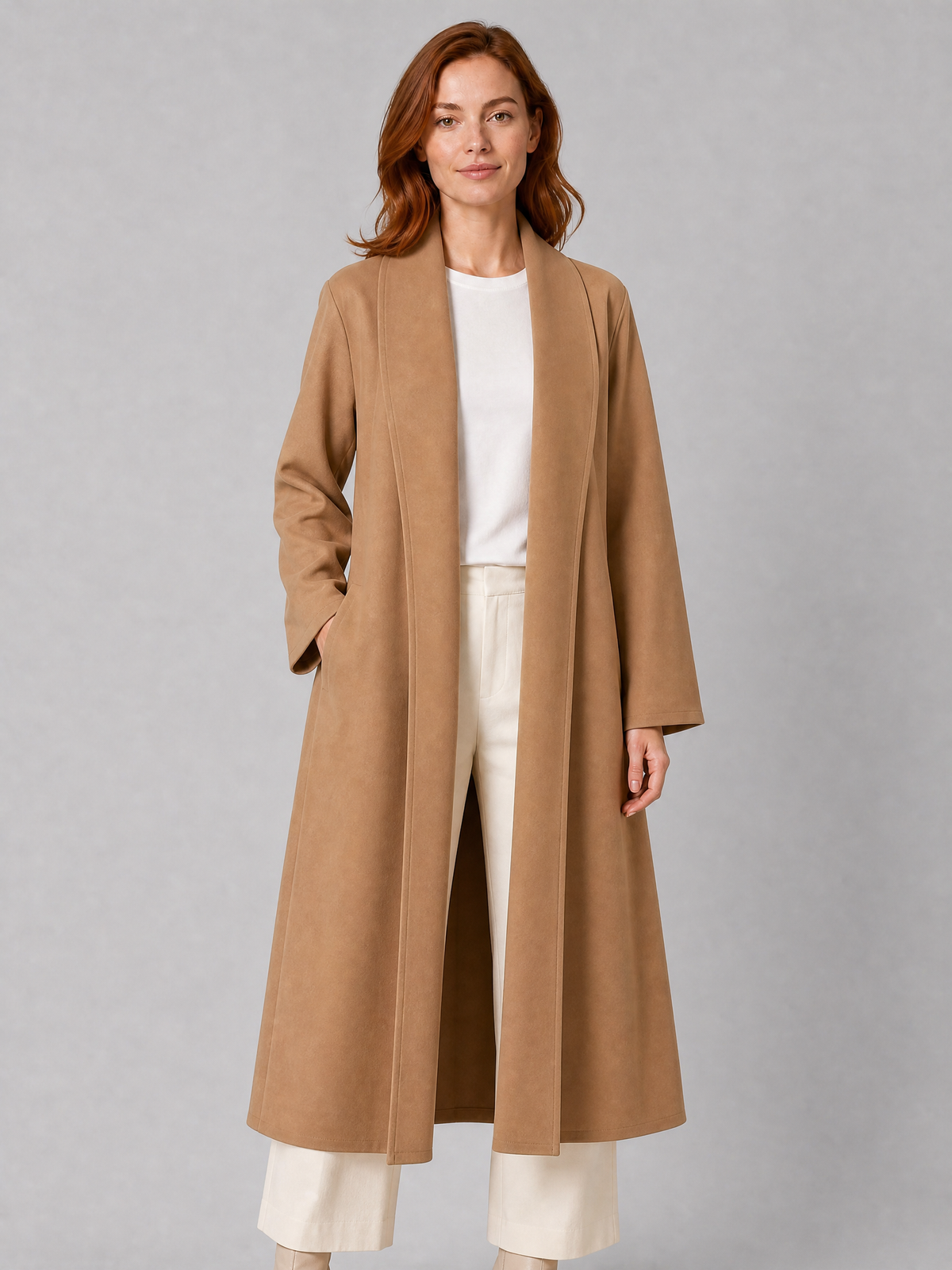 Women's Faux Suede Open Front Longline Coat Tailored Fit