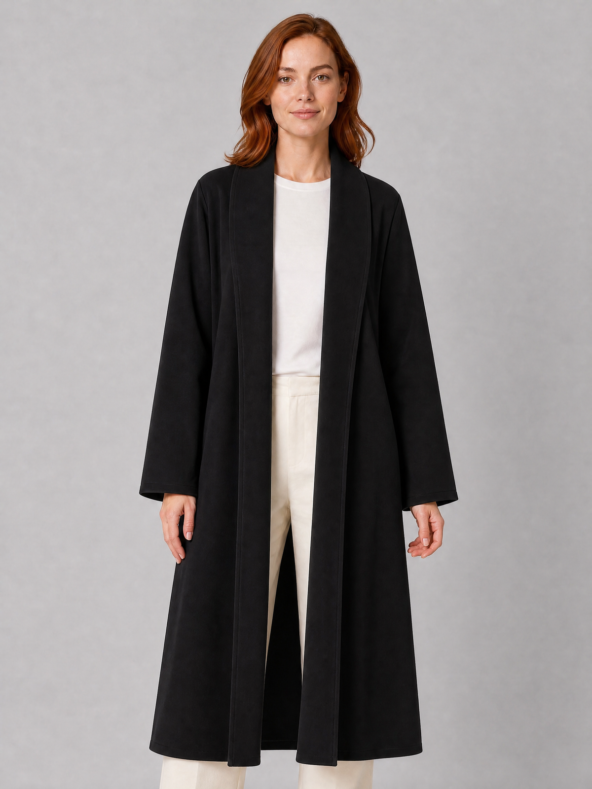 Women's Faux Suede Open Front Longline Coat Tailored Fit