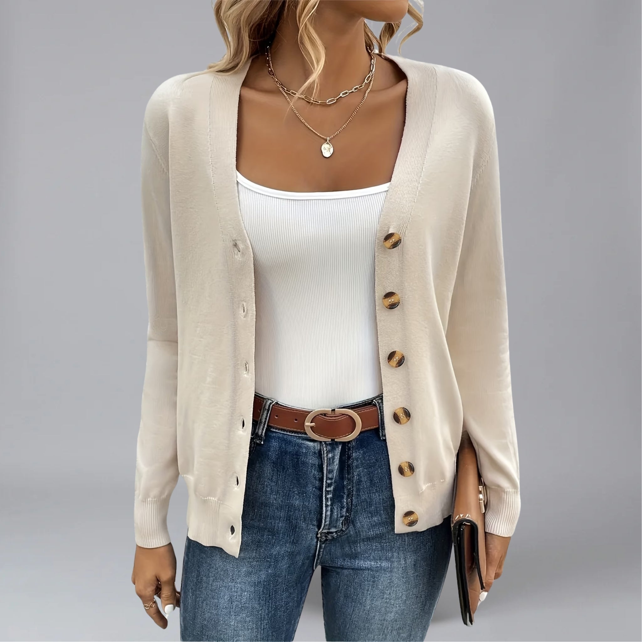 Women’s Fine-Gauge Button-Front V-Neck Cardigan