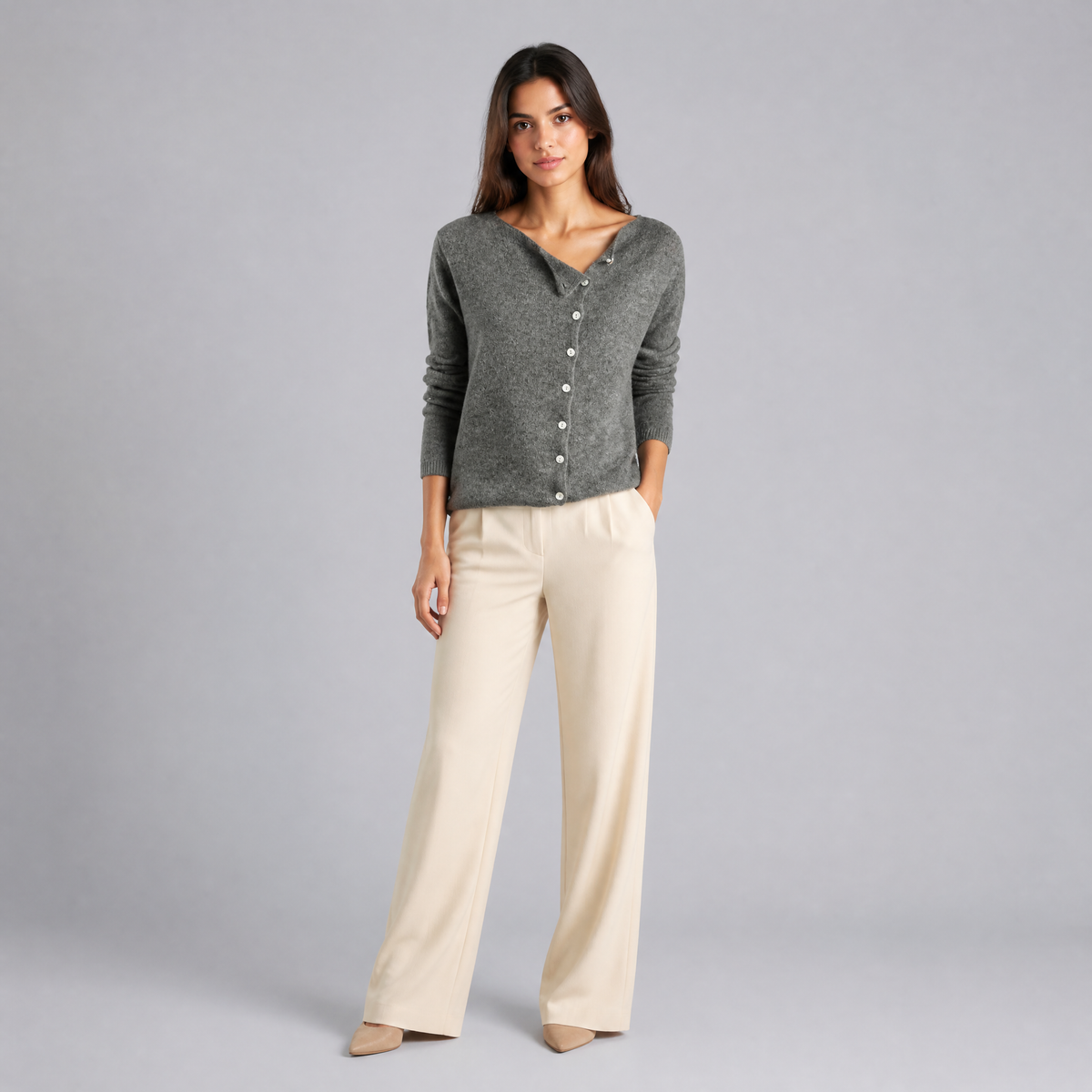 Women's Fine Knit Asymmetric Button Cardigan