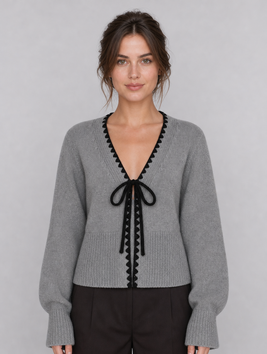 Women's Fine Knit Contrast Trim Tie Relaxed Cardigan - Grey colour view