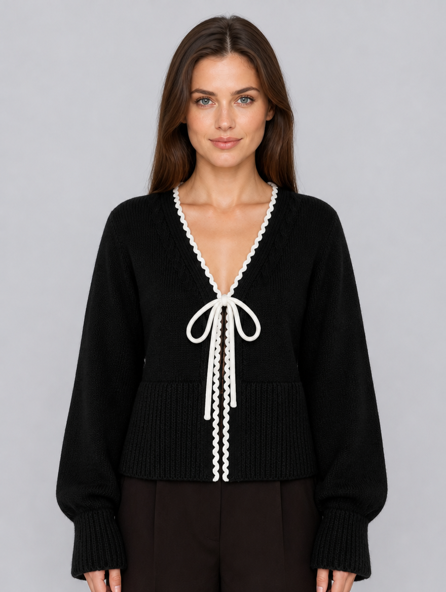 Women's Fine Knit Contrast Trim Tie Relaxed Cardigan - Black colour view