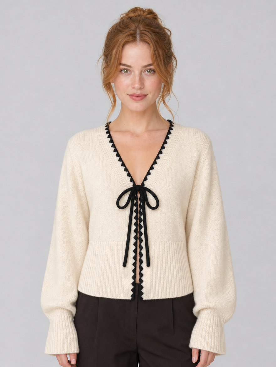 Women's Fine Knit Contrast Trim Tie Relaxed Cardigan - Beige colour view