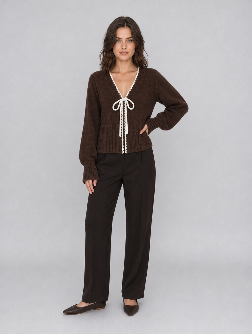 Women's Fine Knit Contrast Trim Tie Relaxed Cardigan - product view 1