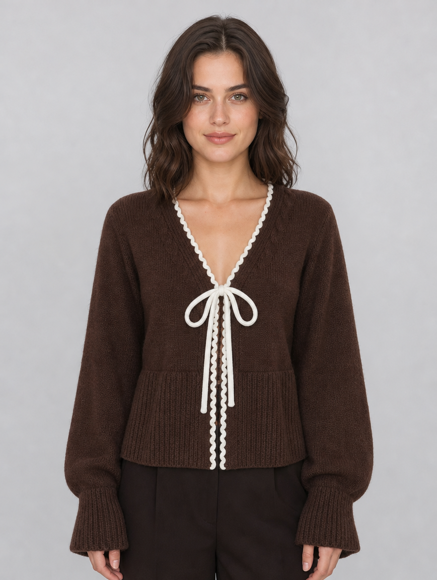 Women's Fine Knit Contrast Trim Tie Relaxed Cardigan - Brown colour view