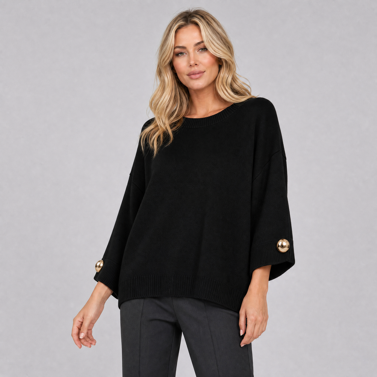 Women's Fine Knit Gold Button Sleeve Jumper
