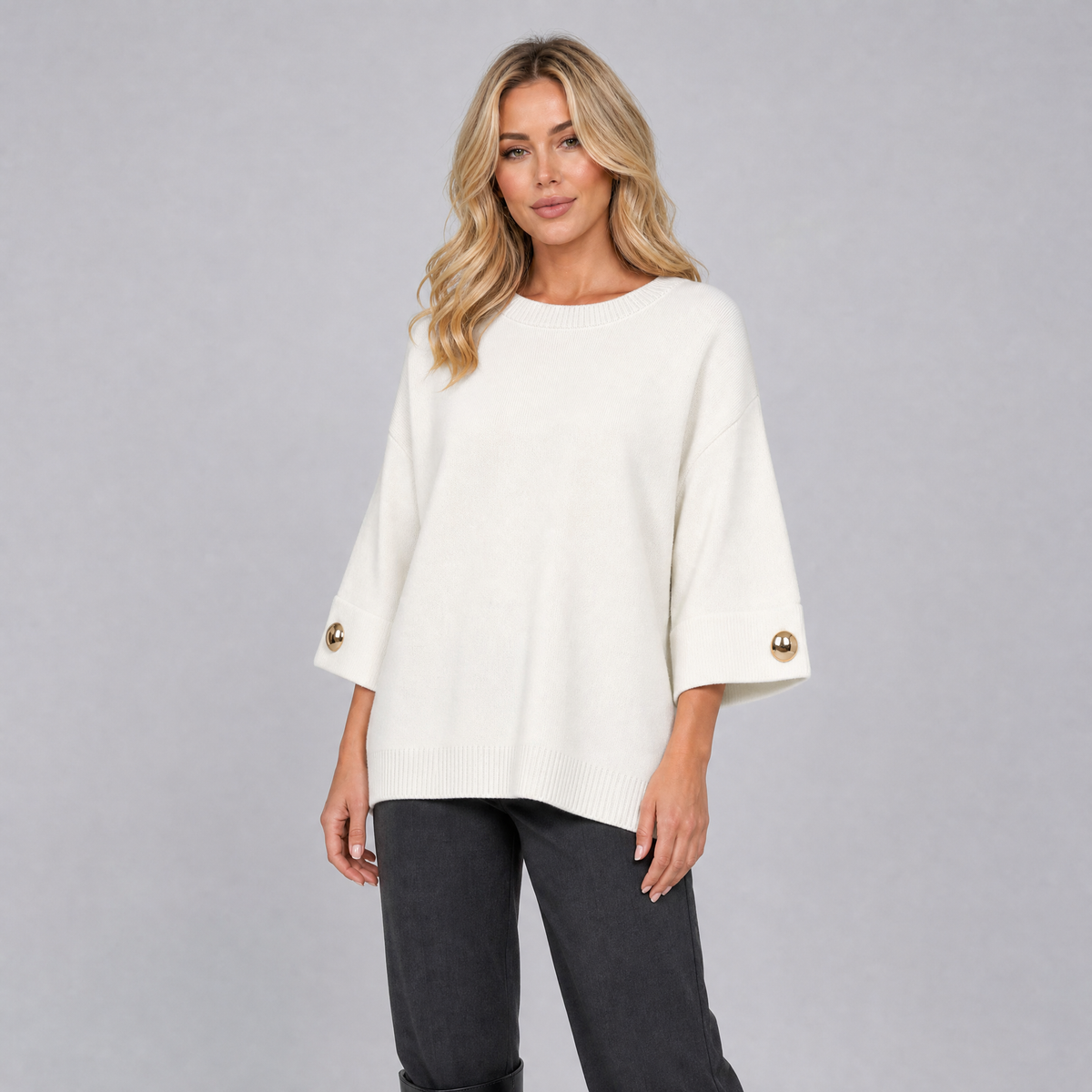 Women's Fine Knit Gold Button Sleeve Jumper
