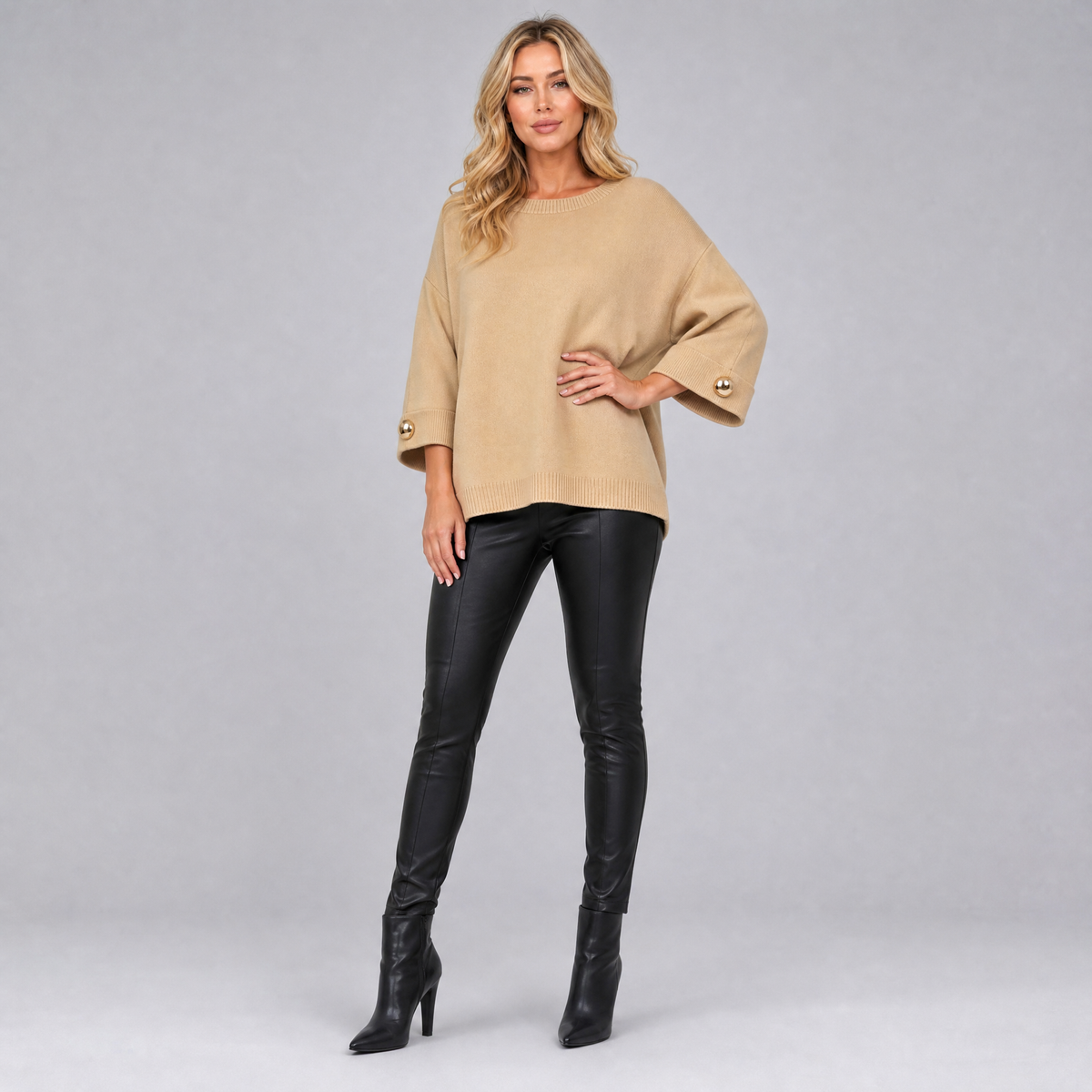 Women's Fine Knit Gold Button Sleeve Jumper