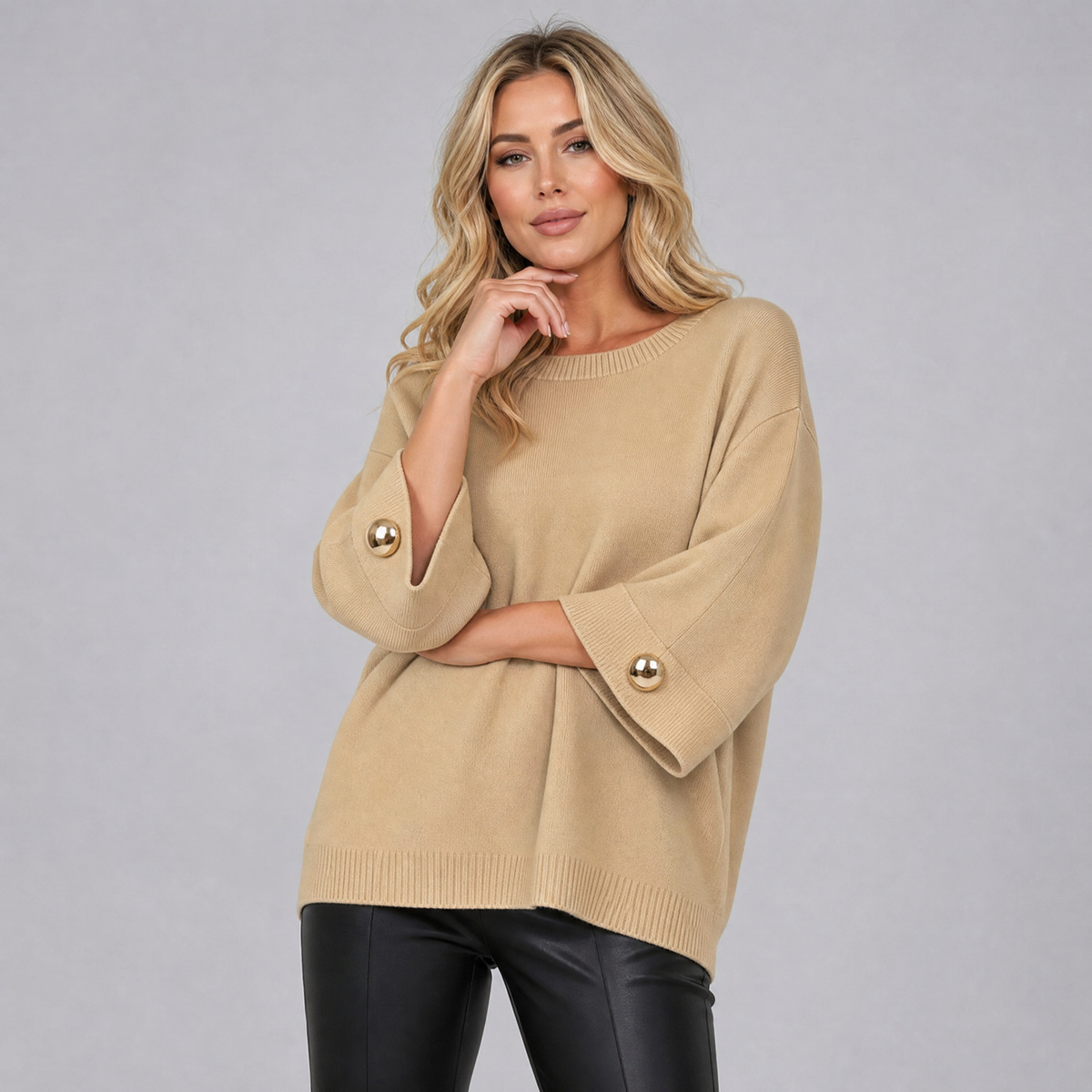 Women's Fine Knit Gold Button Sleeve Jumper