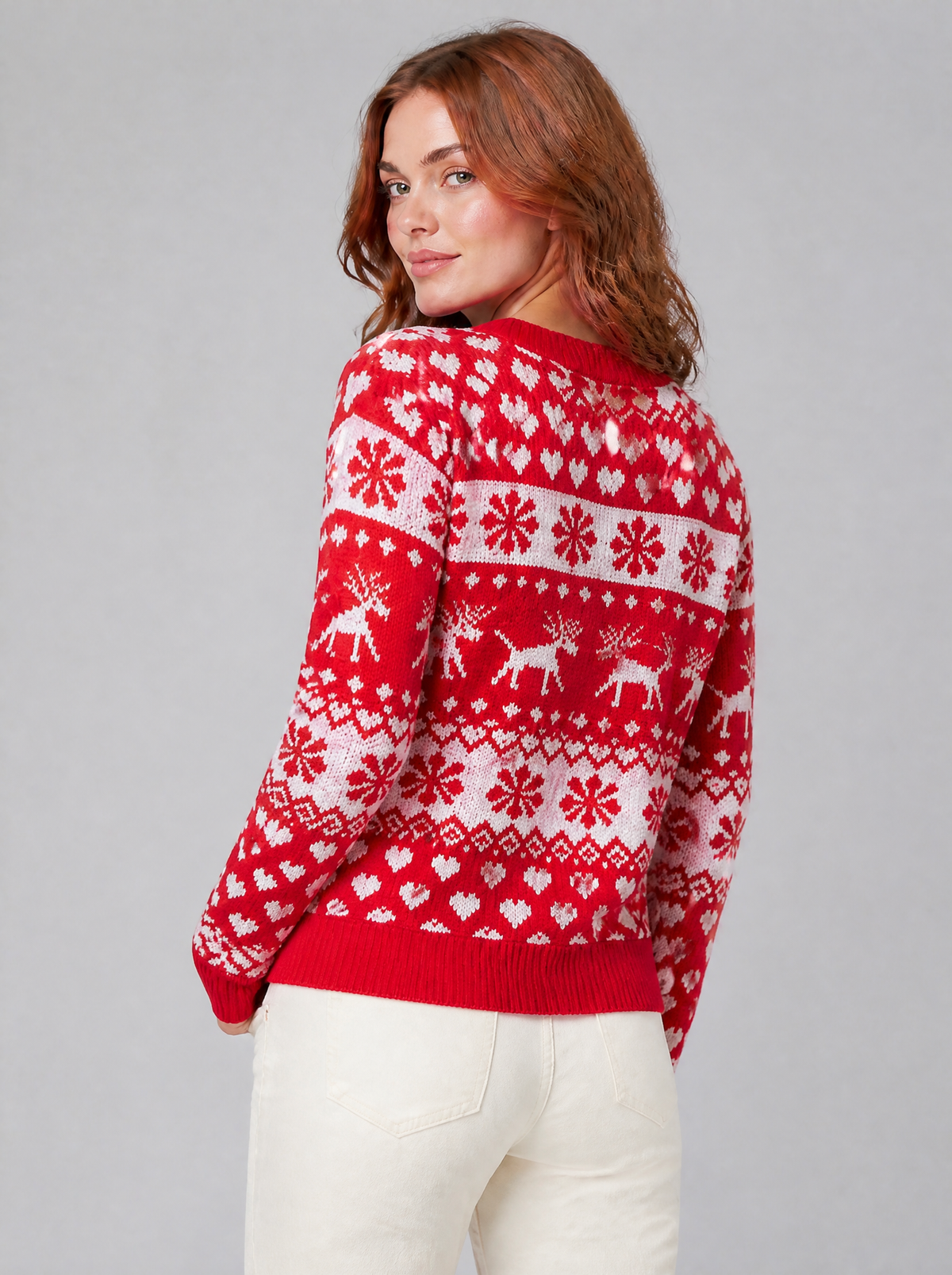Women's Fine Knit Red Reindeer Heart Christmas Relaxed Crew Neck Jumper in Red - view 4