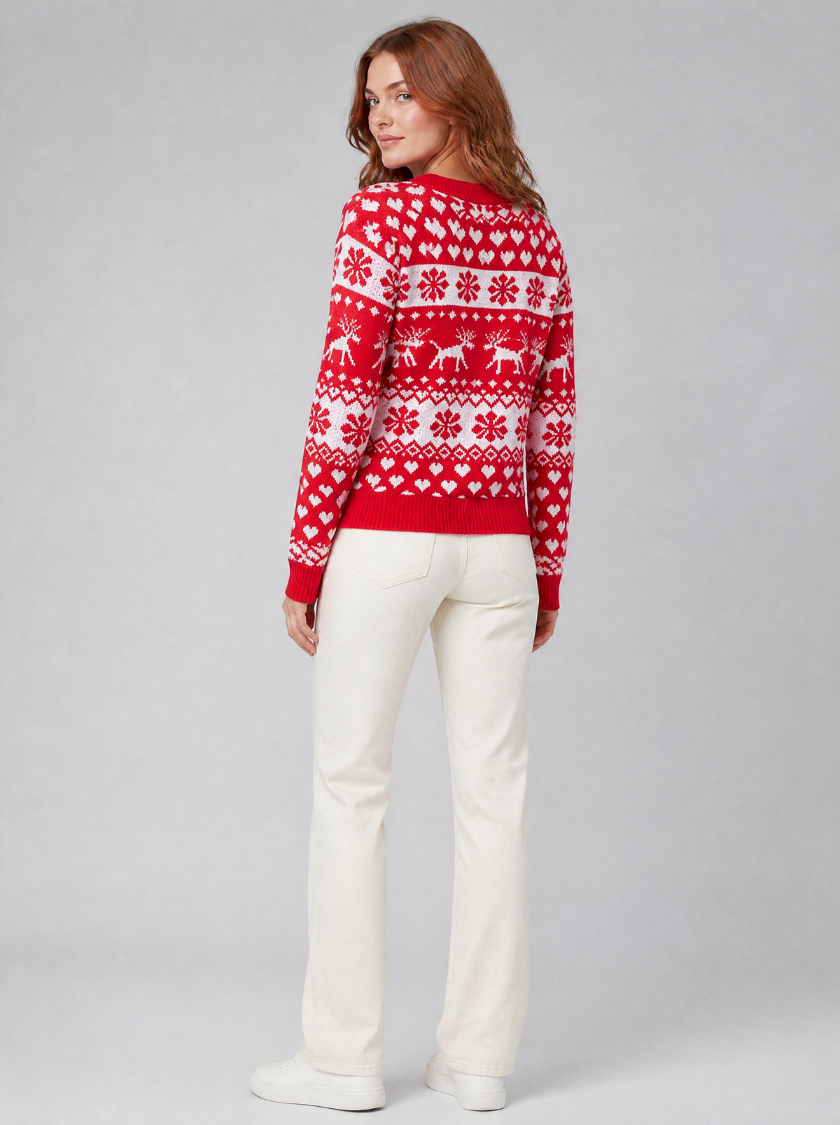 Women's Fine Knit Red Reindeer Heart Christmas Relaxed Crew Neck Jumper in Red - view 2