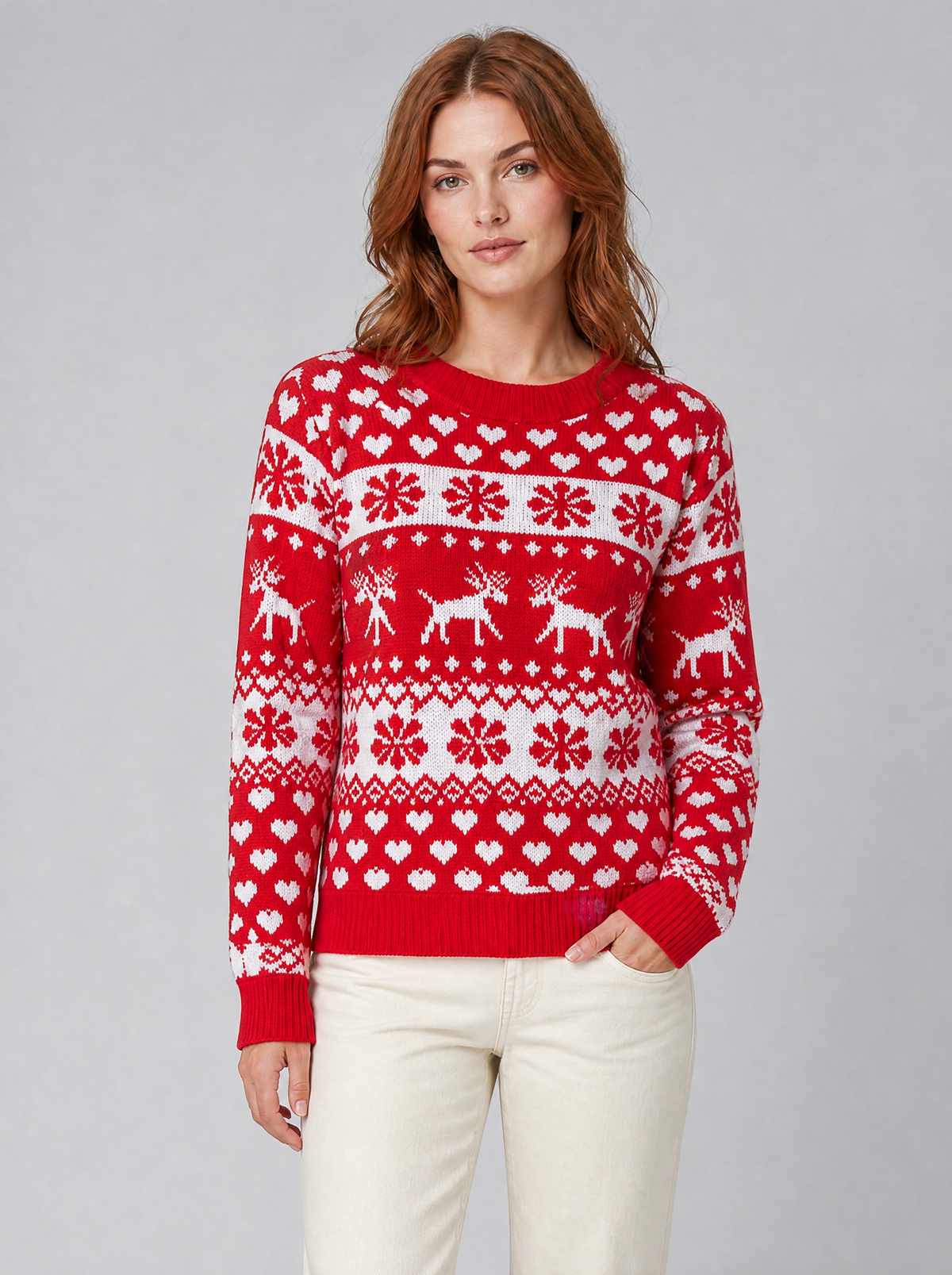 Women's Fine Knit Red Reindeer Heart Christmas Relaxed Crew Neck Jumper in Red - view 3