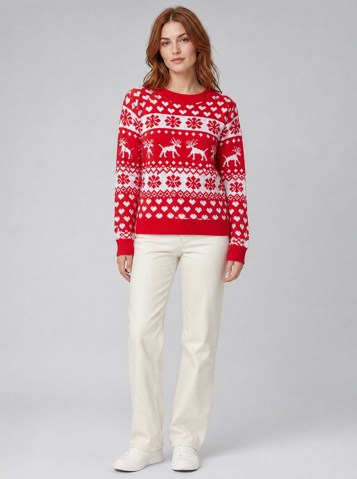 Women's Fine Knit Red Reindeer Heart Christmas Relaxed Crew Neck Jumper in Red - view 1