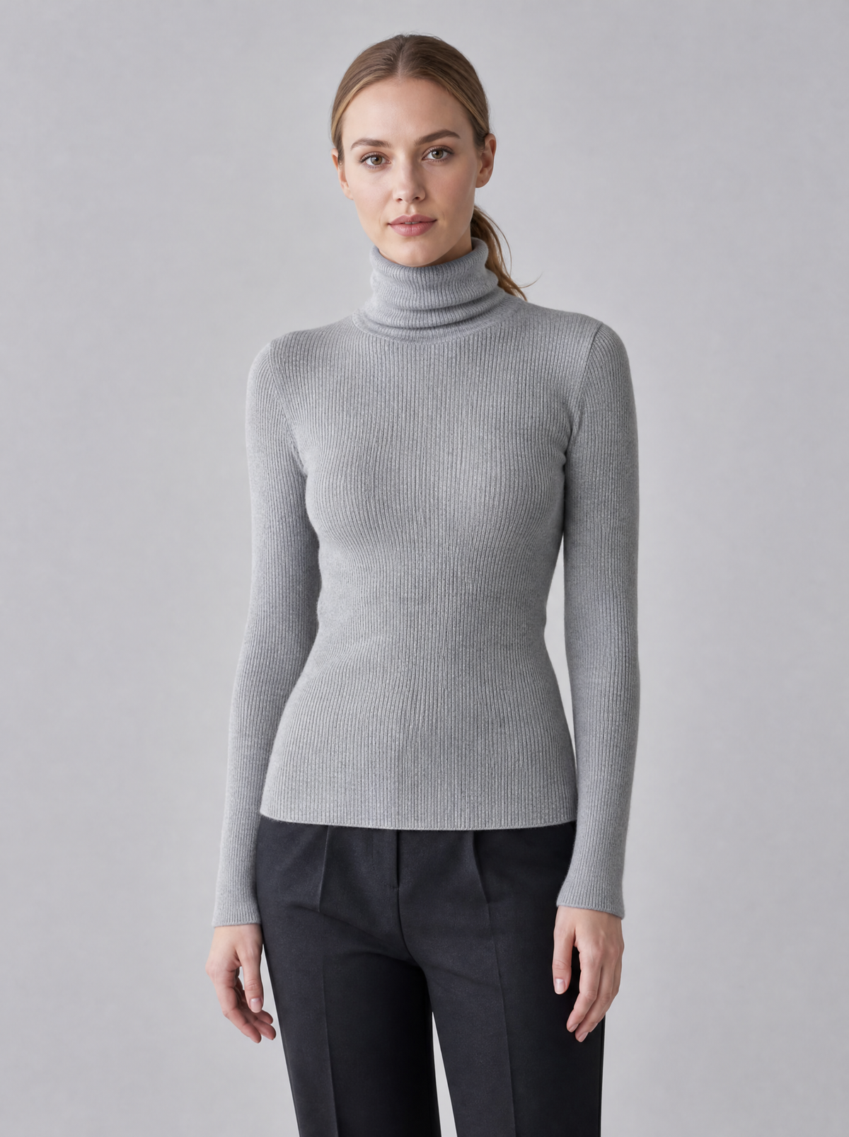 Women's Fine Knit Ribbed Roll Neck Fitted Jumper - Grey colour view