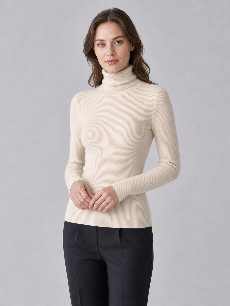 Women's Fine Knit Ribbed Roll Neck Fitted Jumper - Beige colour view